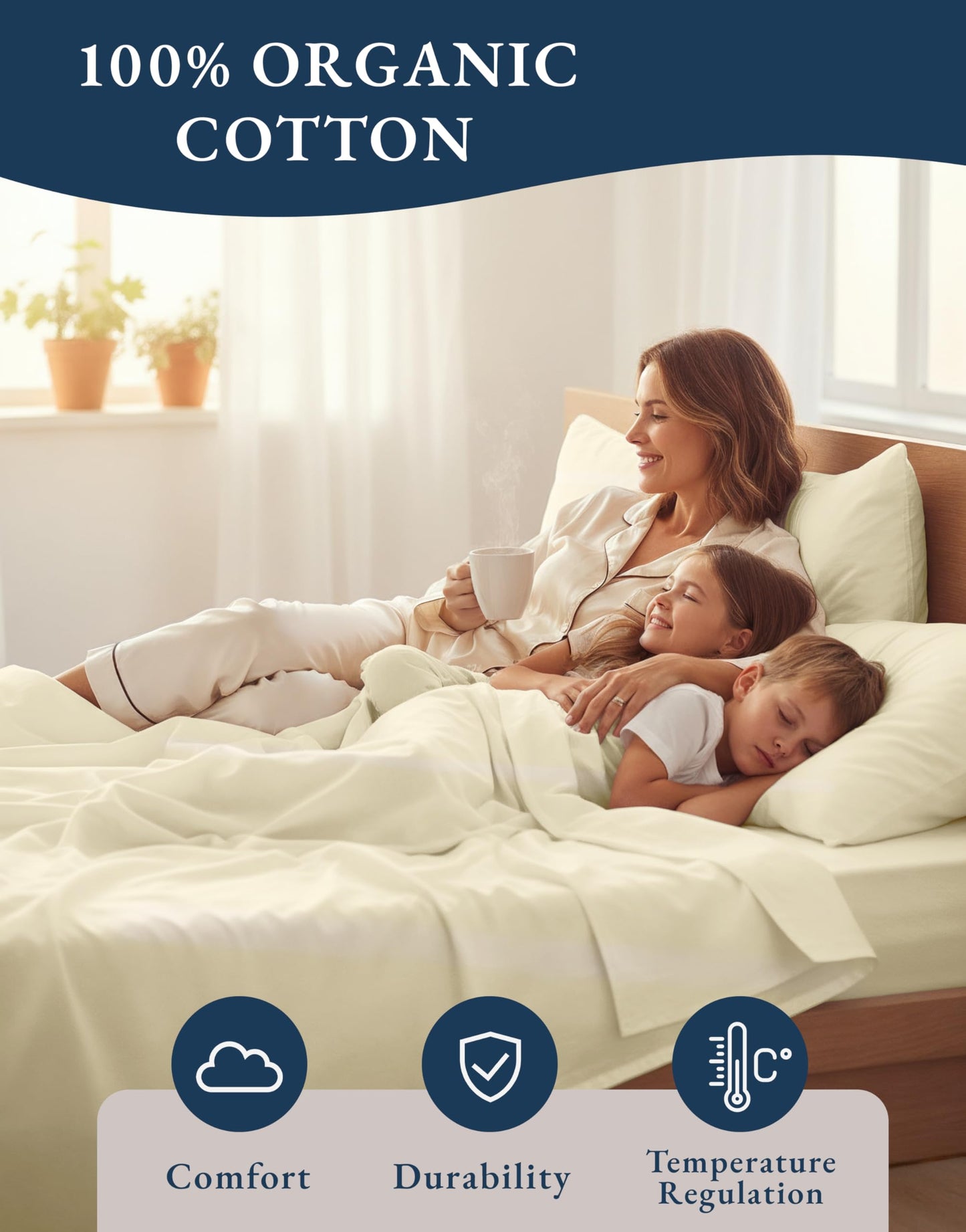 LANE LINEN Cotton Twin Sheets 100% Organic Cotton GOTS Certified Percale Weave Deep Pocket 3 Piece Soft Breathable Cooling Lightweight All Season Machine Washable Crisp - Natural