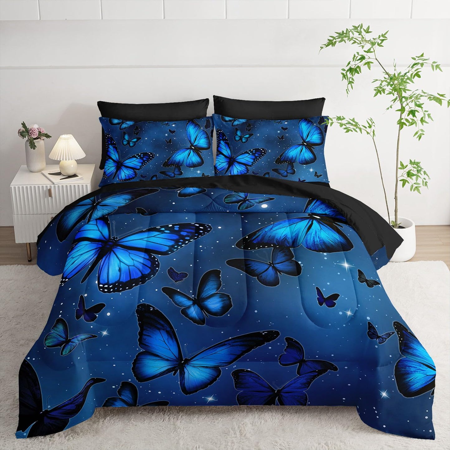 Smell Sunshine 7Pcs Blue Butterfly Comforter Set Animals Printed Bedding Set with 1 Comforter, 1 Flat Sheet, 1 Fitted Sheet and 4 Pillowcases for Boys and Girls Bedroom (Butterfly Twin