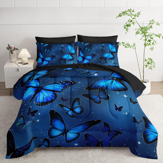 Smell Sunshine 7Pcs Blue Butterfly Comforter Set Animals Printed Bedding Set with 1 Comforter, 1 Flat Sheet, 1 Fitted Sheet and 4 Pillowcases for Boys and Girls Bedroom (Butterfly Twin