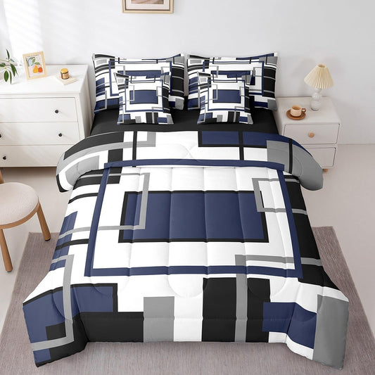 Erosebridal 7Pcs Navy Blue Black Comforter Set King,Geometric Bed in A Bag for Women Men,Minimalist Modern Striped Square Bedding with Bed Sheets,Vintage Boho Art Stripes Quilt Set with Pillowcases