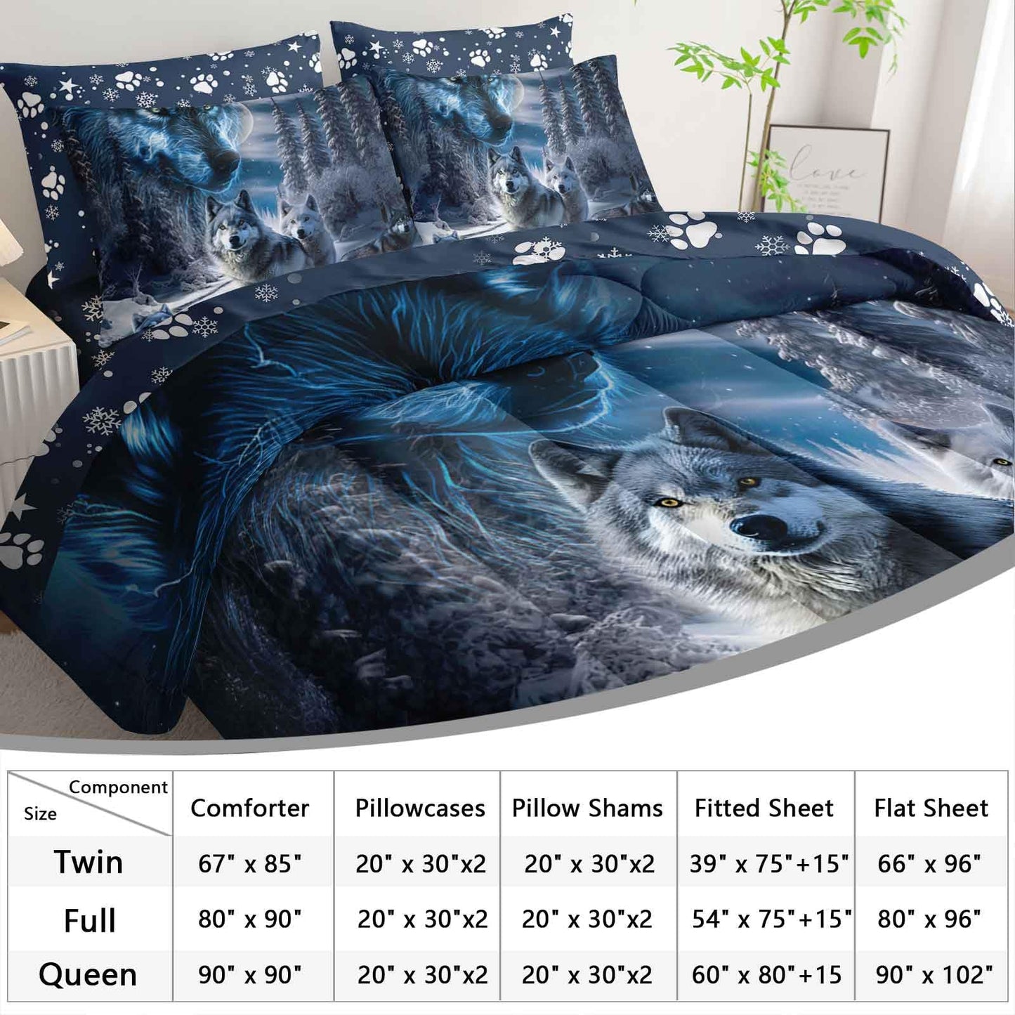 AILONEN Boys Snow Wolf Comforter Set Full Size,7-Piece Bed in a Bag Soft Microfiber for Kids Adults,Safari Wolves Printed Comforter & Fitted Sheet & Flat Sheet & 2 Pillowcases,2 Pillow Shams