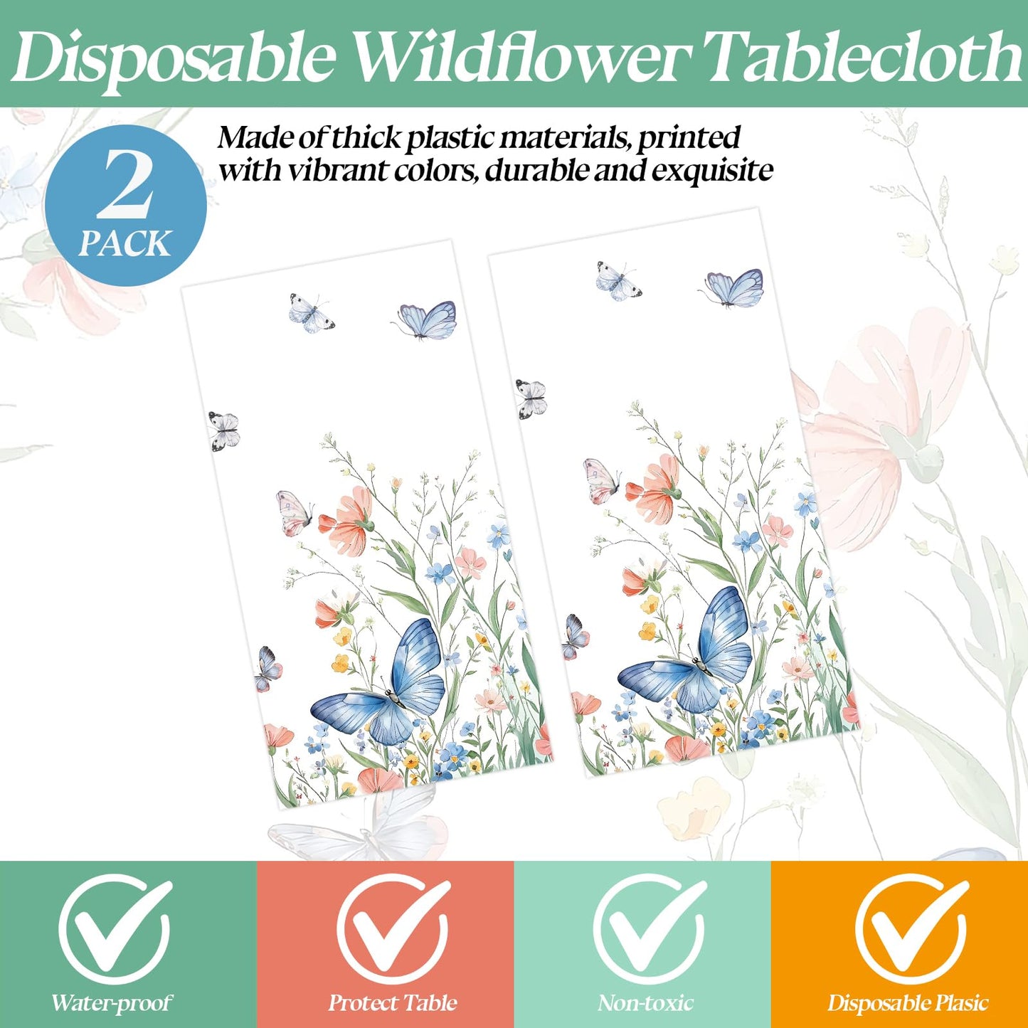HFBOBP 2 Pack Spring Floral Tablecloth Party Decorations, 54 x 108 Inch Disposable Wildflower Butterfly Plastic Table Cover Wildflower Table Cloth for Birthday, Wedding, Tea Party Decor