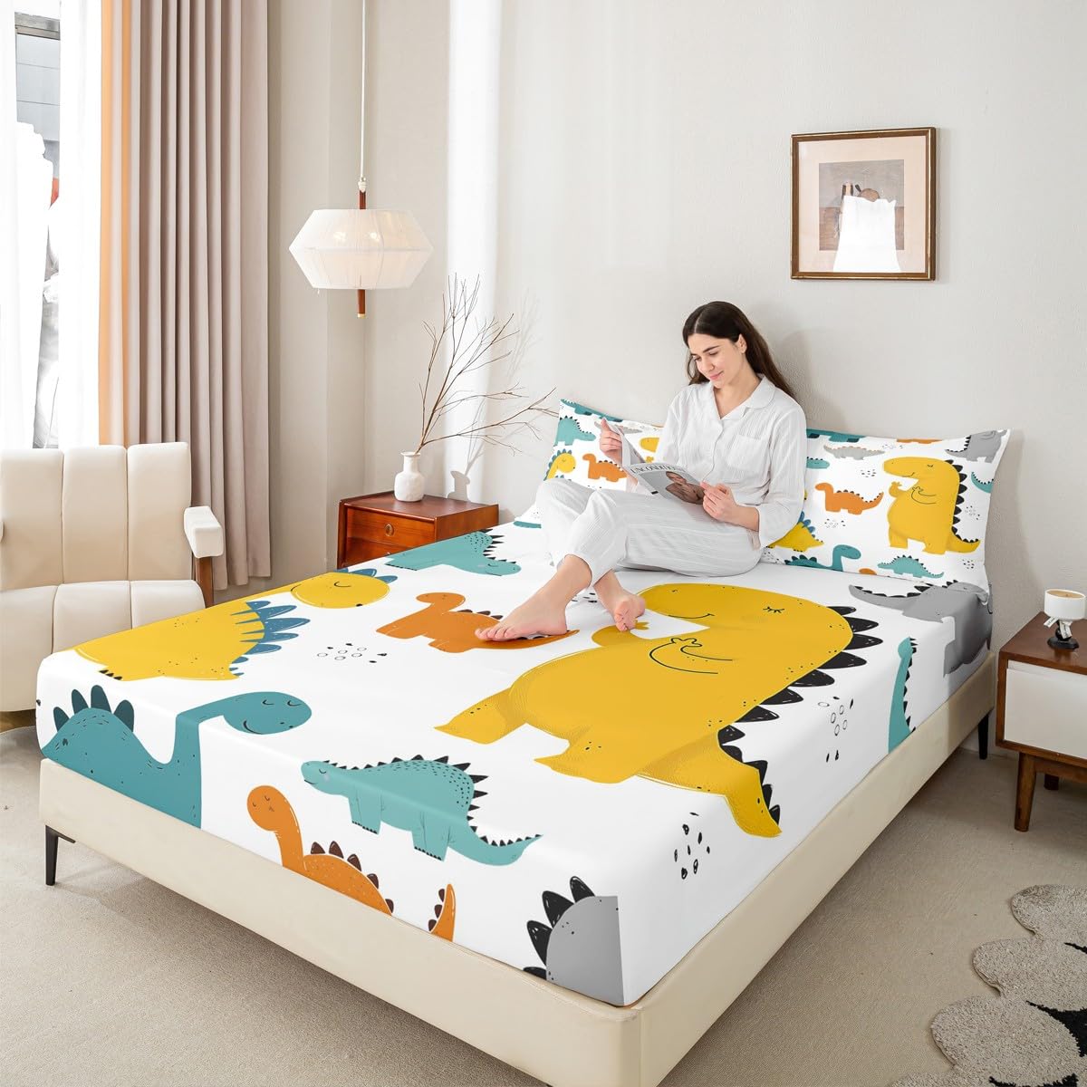 Cartoon Dinosaur Kids Fitted Sheet Cute 3D Digital Print Bed Sheet Set Decor Jungle Dino Bedding Set Wild Animal Pattern Yellow Blue Bed Cover Bedroom Quilt Cover 2Pcs Twin