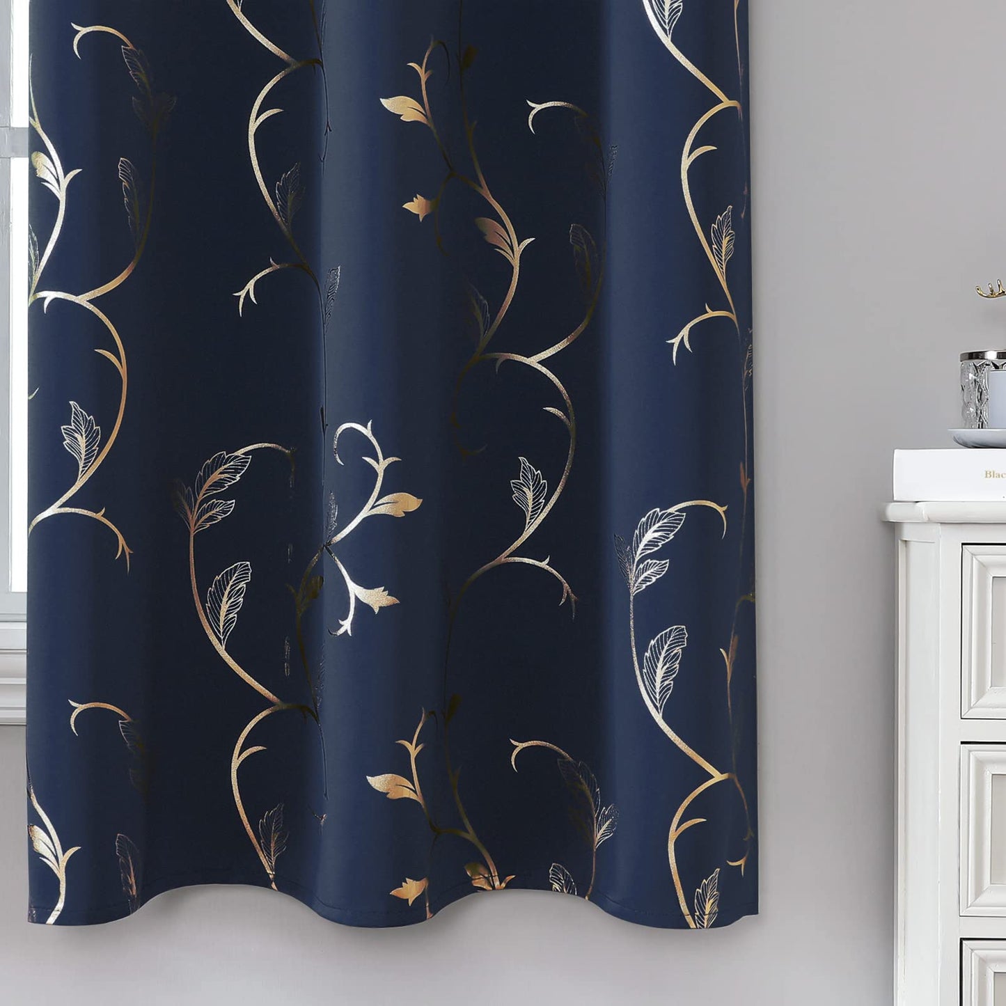 BUHUA Blackout Curtains Gold Foil Print Flower Vine Grommet Drapes, Room Darkening Thermal Insulated Curtains for Bedroom, Navy Blue, 52Wx96L, 2 Panels