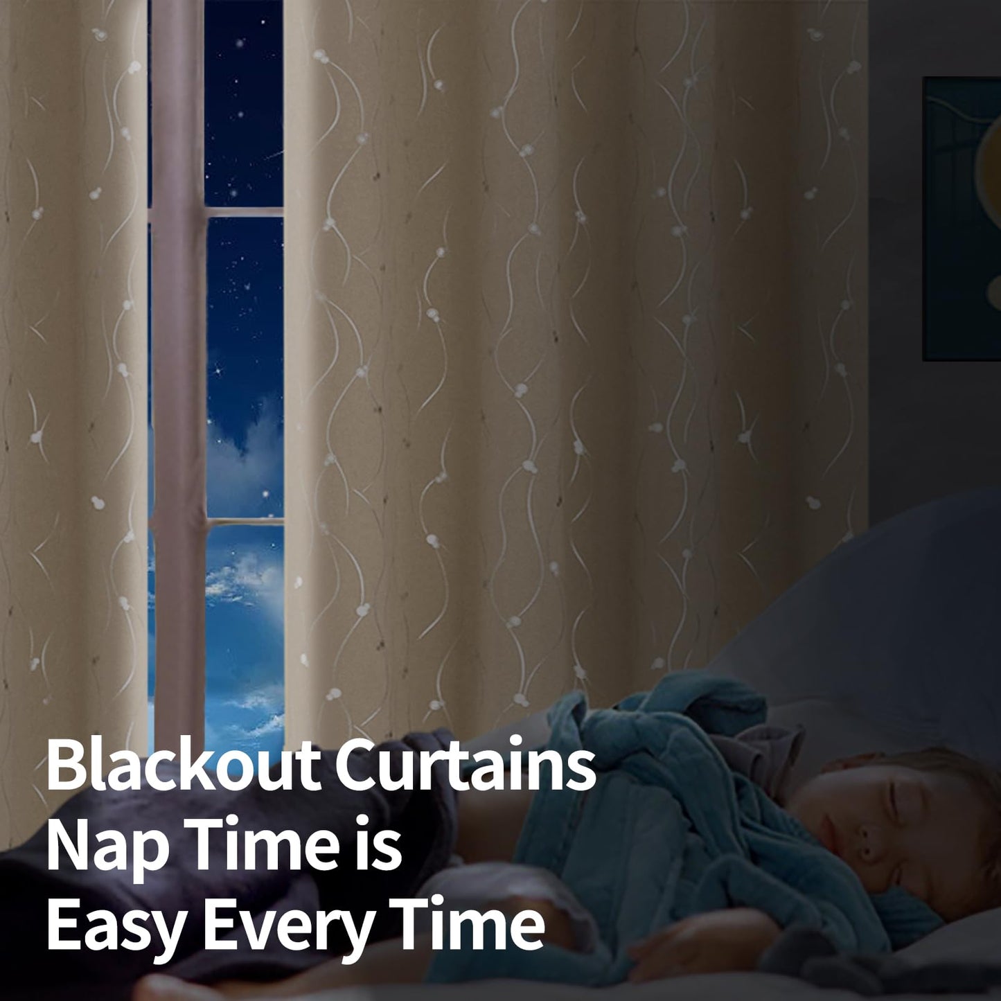 BGment Blackout Curtains 63 Inch Length 2 Panels Set, Grommet Thermal Insulated Blackout Curtains with Wave Line and Dots Printed for Bedroom, 2 Panels, Each 52 x 84 Inch, Champagne