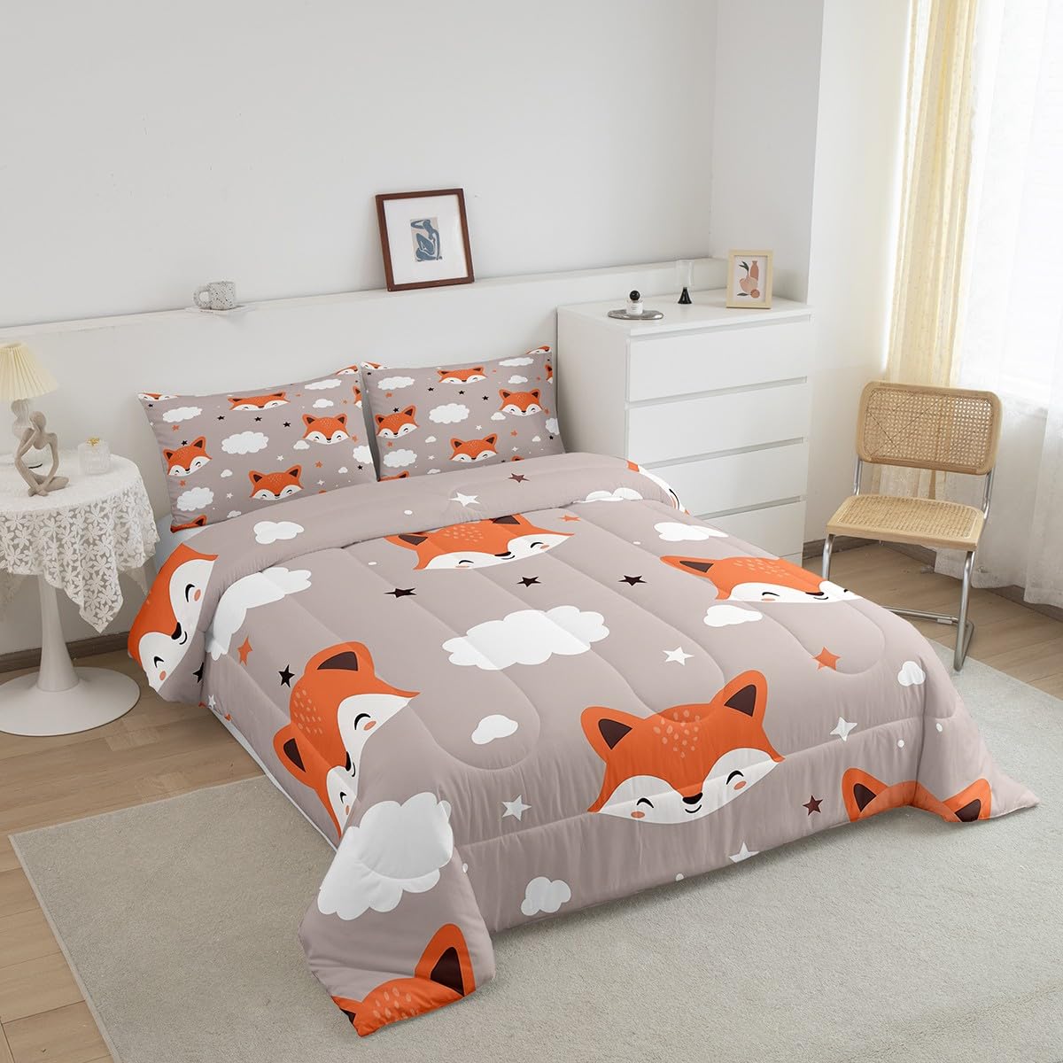 Feelyou Cute Fox Comforter Set Twin Size Kids Cartoon Fox Bedding Set for Boys Girls Teens Animal Star Cloud Comforter Breathable Woodland Fox Duvet Set Nature Wildlife Quilt Set