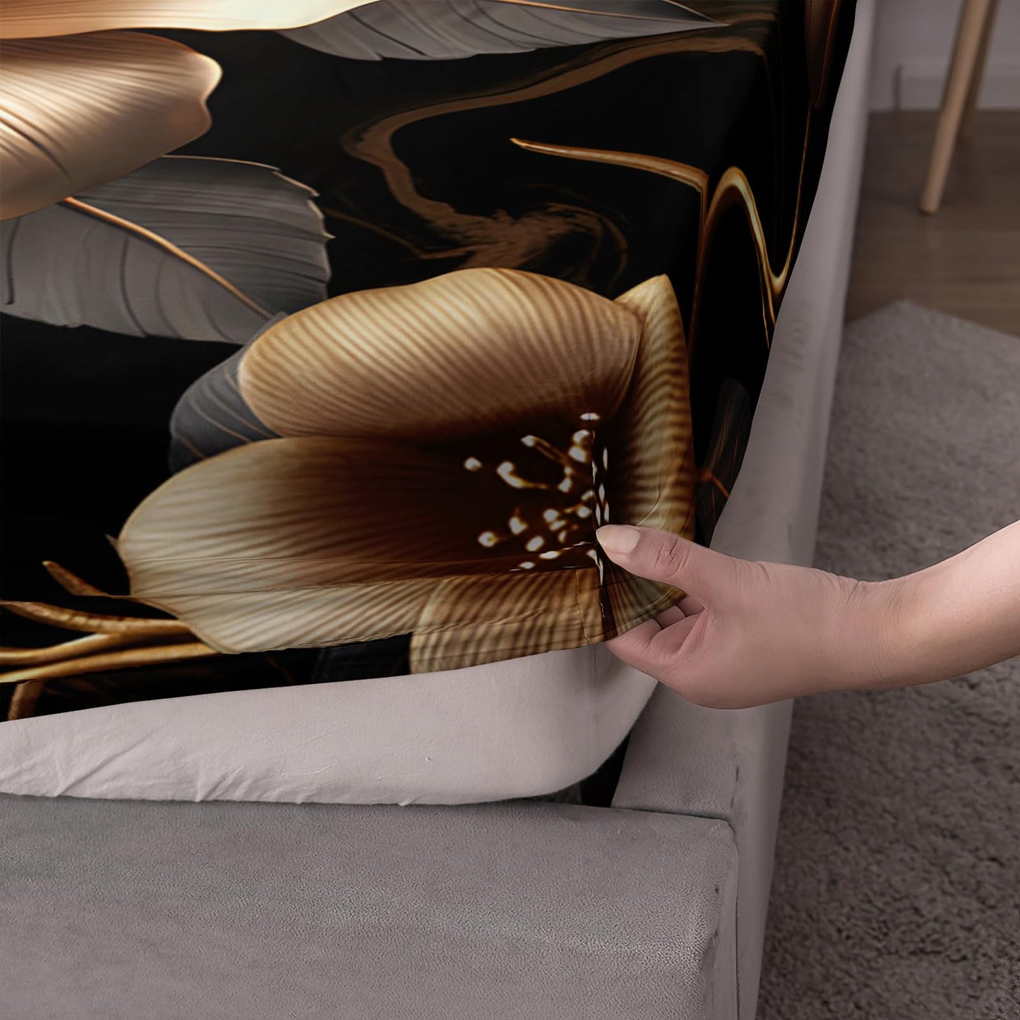 AILONEN Butterfly Bedding Set Queen Size, 3Pcs Golden Floral Butterfly Soft Bed Sheet Set for Girls Women,Beautiful Butterflies Fitted Sheet with 2 Pillowcases