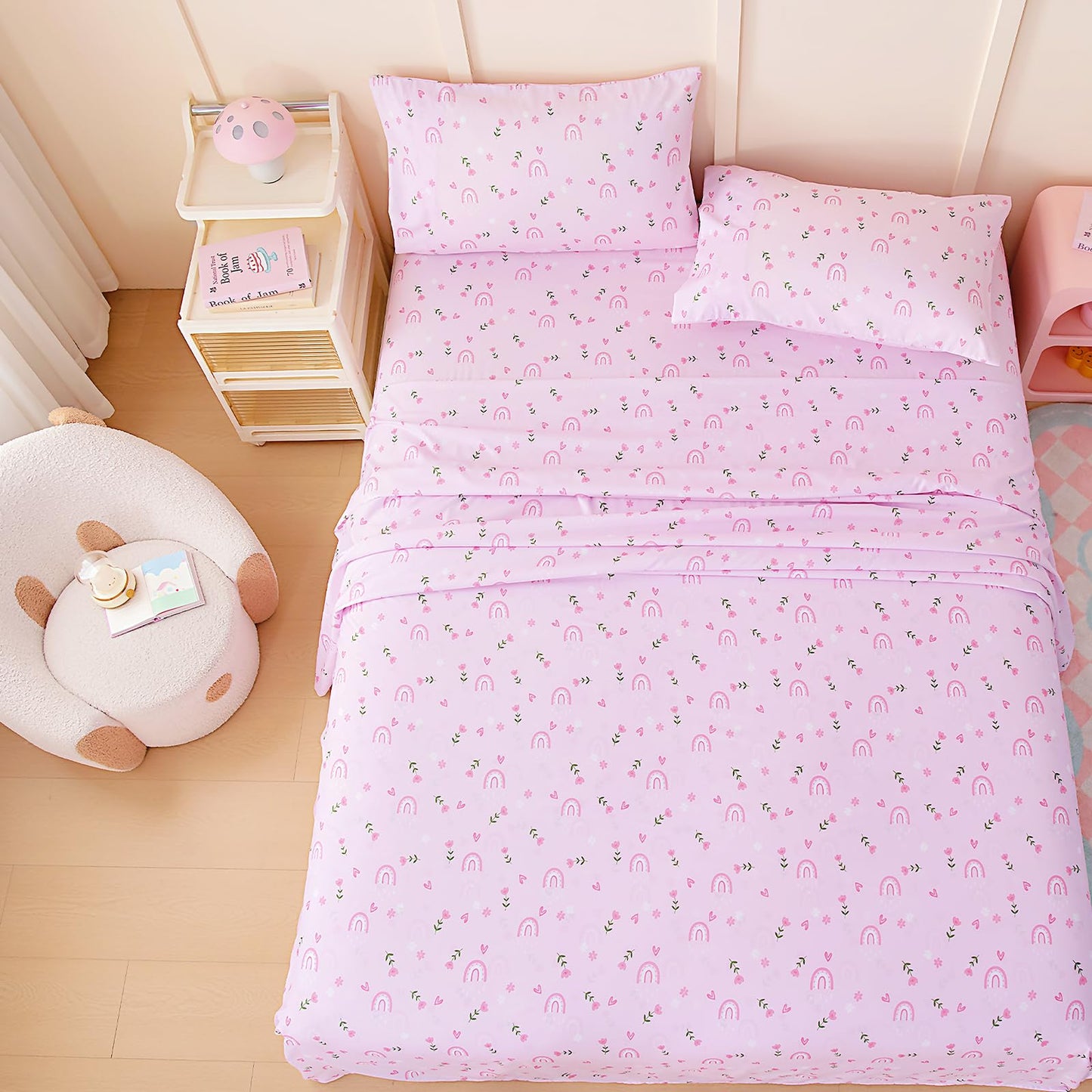 MICORAL Kids Twin Sheet Set Pink Rainbow, 3 Pieces Sheets for Boys & Girls, Soft Printed Microfiber Bed Sheets, Deep Pocket Cozy Toddler Bedding Set, Pink Rainbow