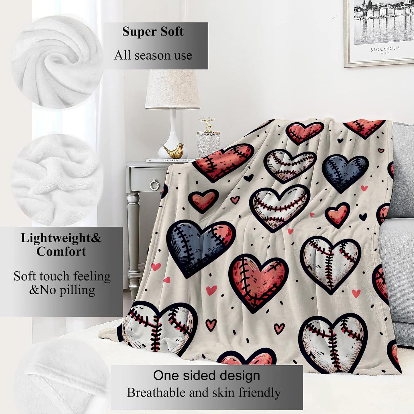 VODRM Baseball Hearts Blanket Sport Lovers Throw Blankets Gifts for Kids Adult Lightweight Soft Fleece Cozy for Sofa Couch Bed Room Travel Birthday Party Decor 50x60in