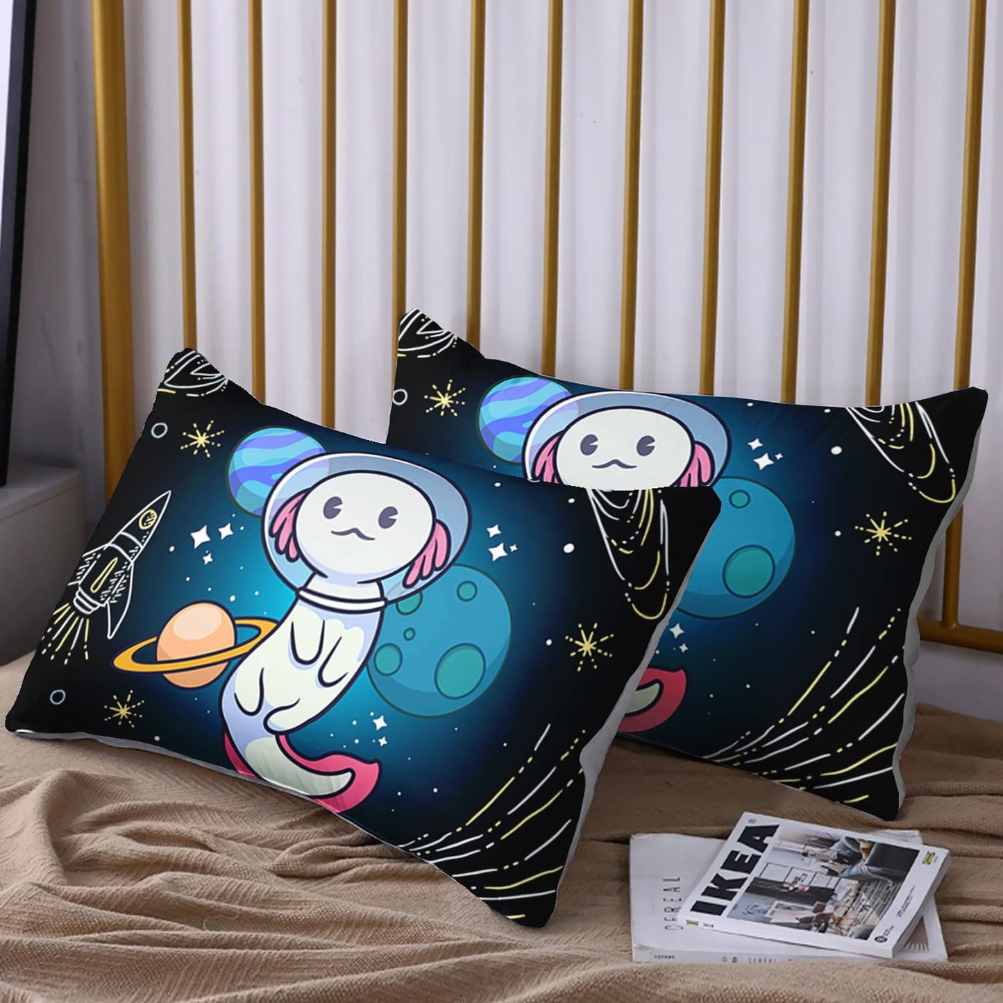 HOSIMA Axolotl Bedding Set for Kids Bedroom Decor,Space Cartoon Axolotl Pattern Kawaii Bedding Set,Wildlife Animals Reptile Toddler Comforter,Twin Comforter Set with 2 Pillowcase.