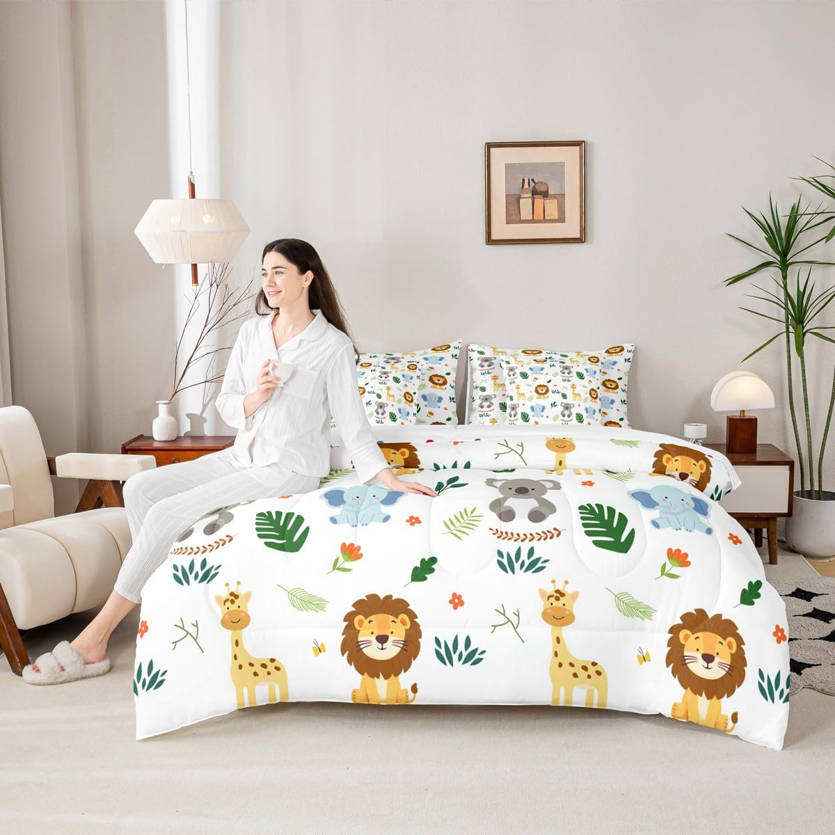 Erosebridal Nursery Cute Jungle Animal Kids Twin Size Comforter Set with Sheets | Safari Elephant Giraffe 7-Piece Bedding Set Koala Lion Bed in a Bag Palm Leaves Flowers Zoo Animal Bed Quilt Sets
