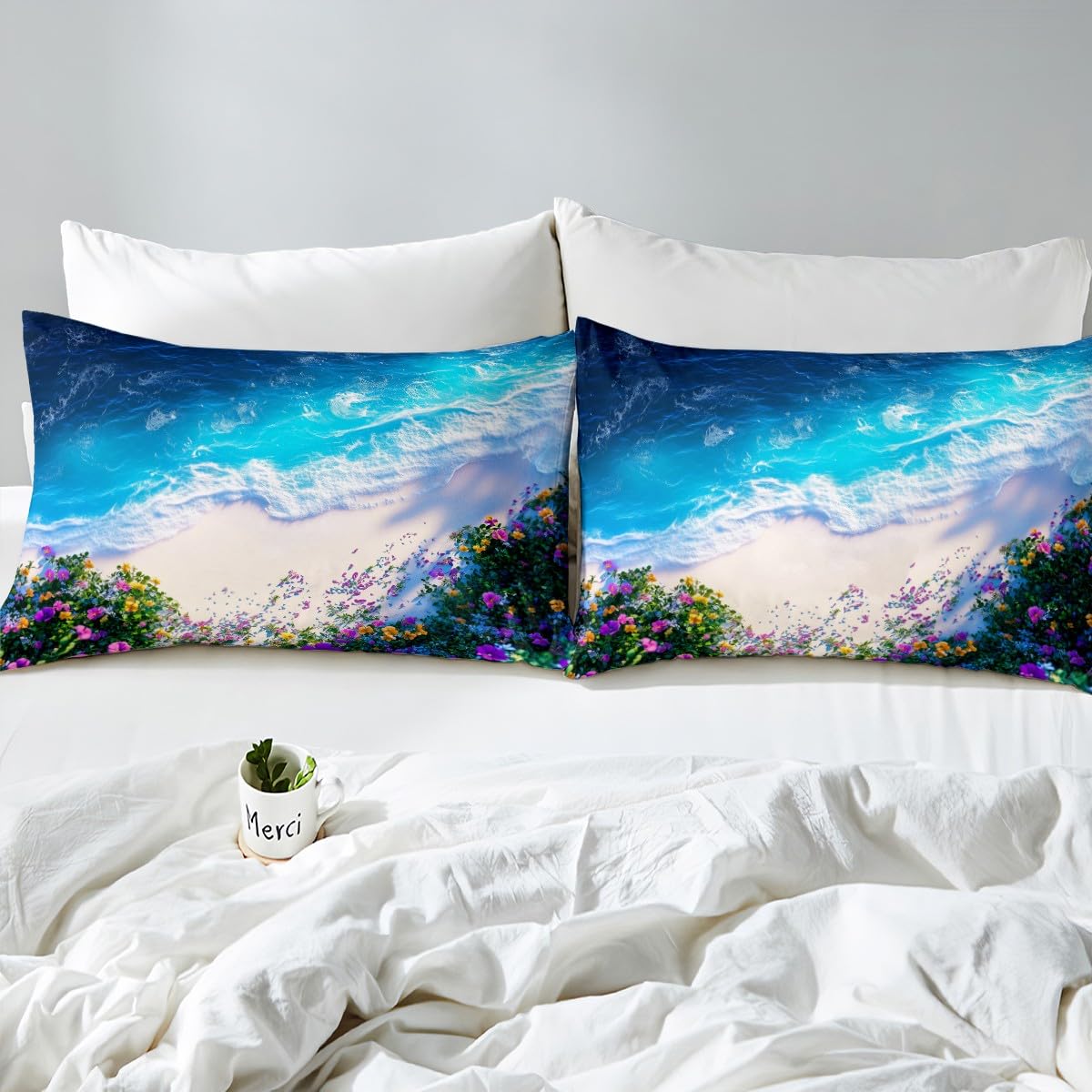 Feelyou Pretty Ocean Beach Bedding Sheets Full Cute Flower Bed Sheet Set for Adult Kids Blue Purple Yellow Fitted Sheet Beach Theme Bed Cover 3Pcs,1 Fitted Sheet+2 Pillow Sham（No Flat Sheet）