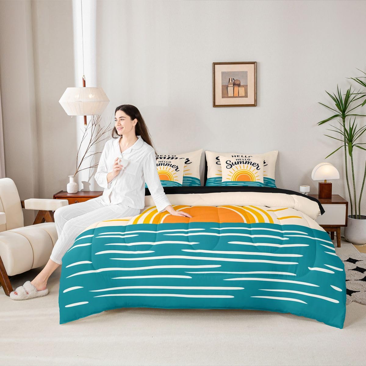 Erosebridal Sunrise Ocean Queen Bedding Set Coastal Minimalist Art Comforter Set with Flat and Fitted Sheet Kids Teens Modern Watercolor 7-Piece Bed in a Bag Beach Hello Summer Quilt Sets