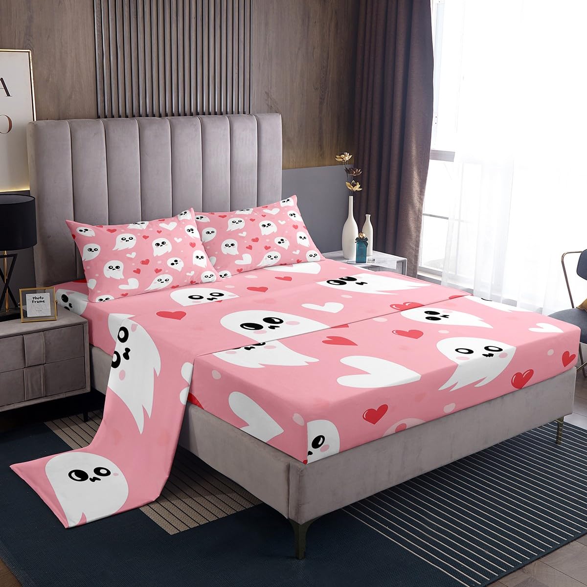 jejeloiu Cute Ghost Bed Sheets Set Full Size Kids Happy Halloween Pink Fitted Sheet for Boys Girls Kawaii Bedding Set Soft Microfiber Room Decor（with 2 Pillow Cases）