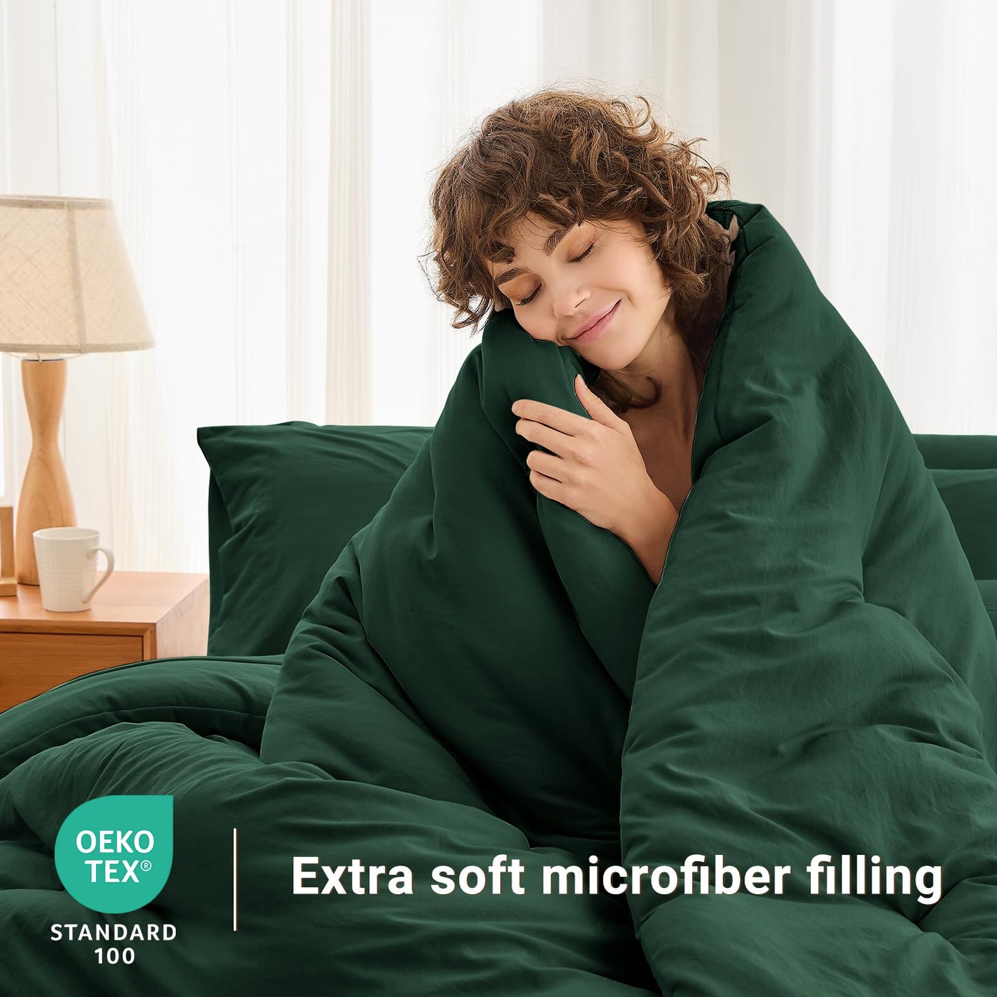 MUXHOMO 7 Pieces King Comforter Set, Soft Bed in a Bag King Size, All Season Bedding Set with Comforter, Flat Sheet, Fitted Sheet, Pillowcases & Shams, Dark Emerald Green