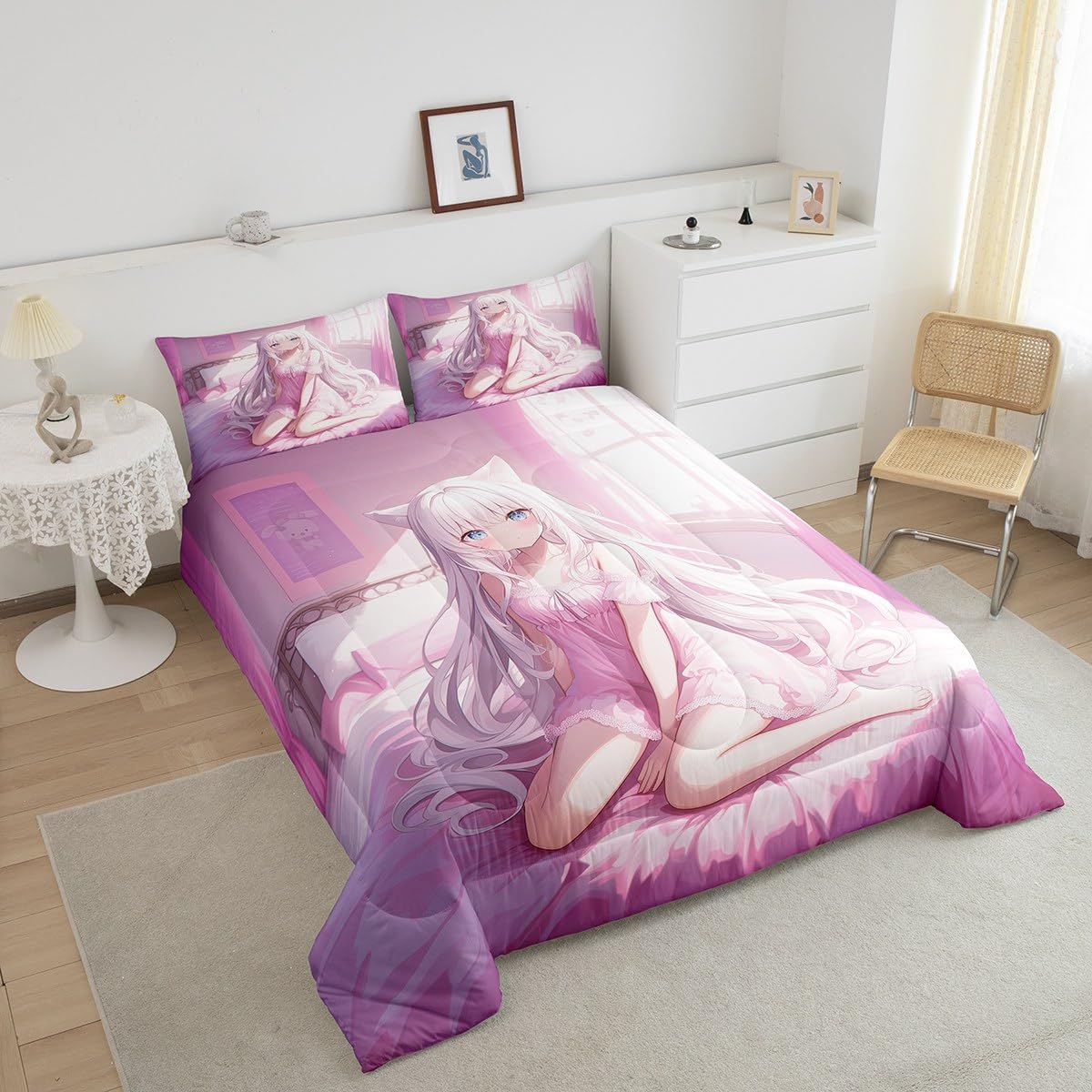Erosebridal Full Size Japanese Anime Comforter Set for Kids, Anime Girl Bedding Set Kawaii Japanese Style Quilt Cartoon Japan Animation Duvet Insert for Boys Teens Adult Women Bedroom, Pink