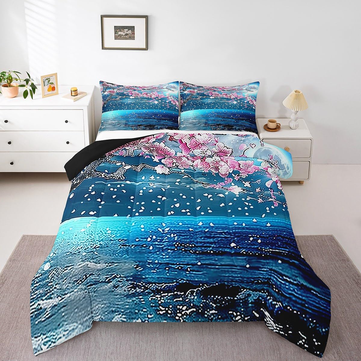 Manfei Lake Landscape Twin Size Comforter Set,Pink Blossom Flower Quilt Set Soft Bed Collection,Moon Night Bedding Comforter for Boys Girls Room Decor,2 Pcs