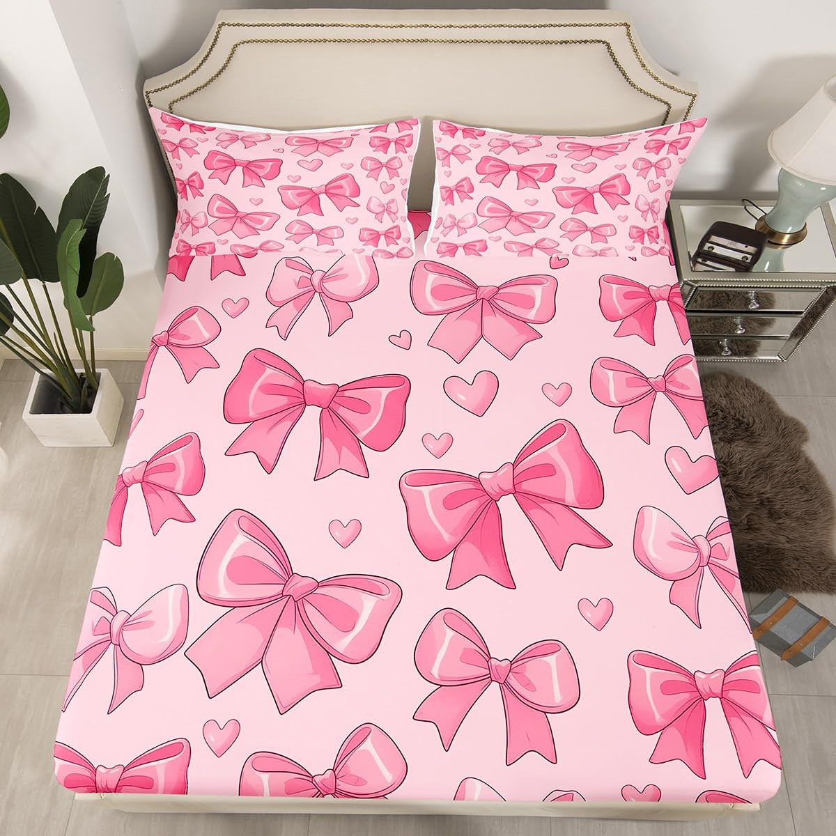 jejeloiu Pink Bow Bed Sheets Set Twin Size Bowknot Bed Set Bow-tie Deep Pocket Fitted Sheet Colourful Bowknot Breathable Soft Lightweight Microfiber