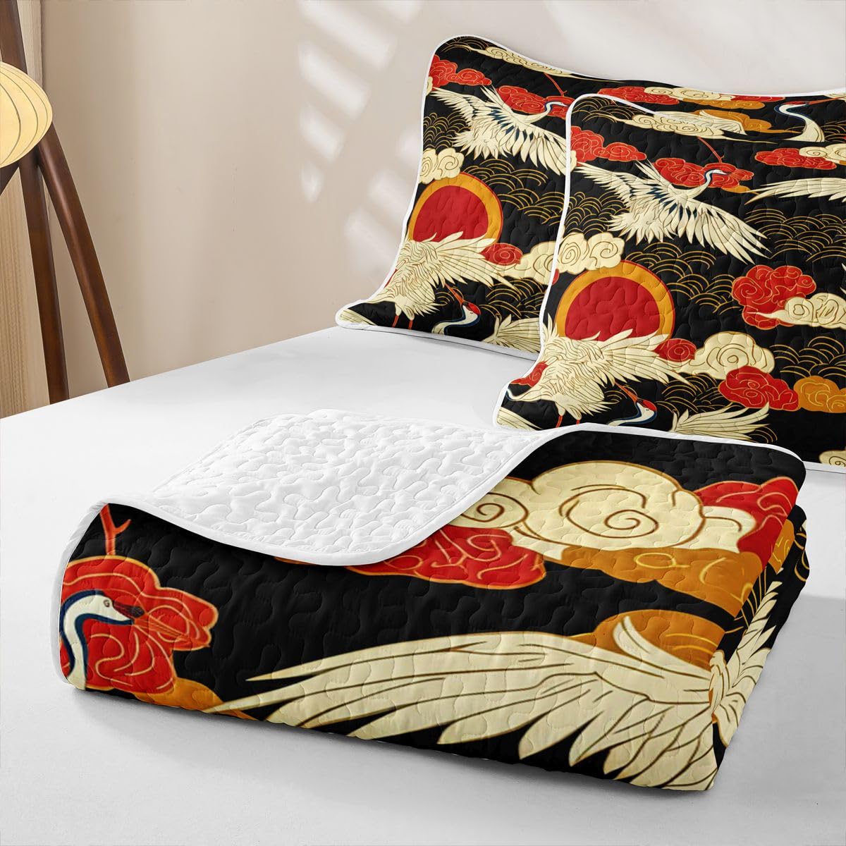 Erosebridal Gold Red Sun Quilts Twin Size - Black White Crane Bedspread Coverlet Set, Japanese Style Clouds Stripes Quilt Coverlets 2Pcs (Only 1 Pillowcase)