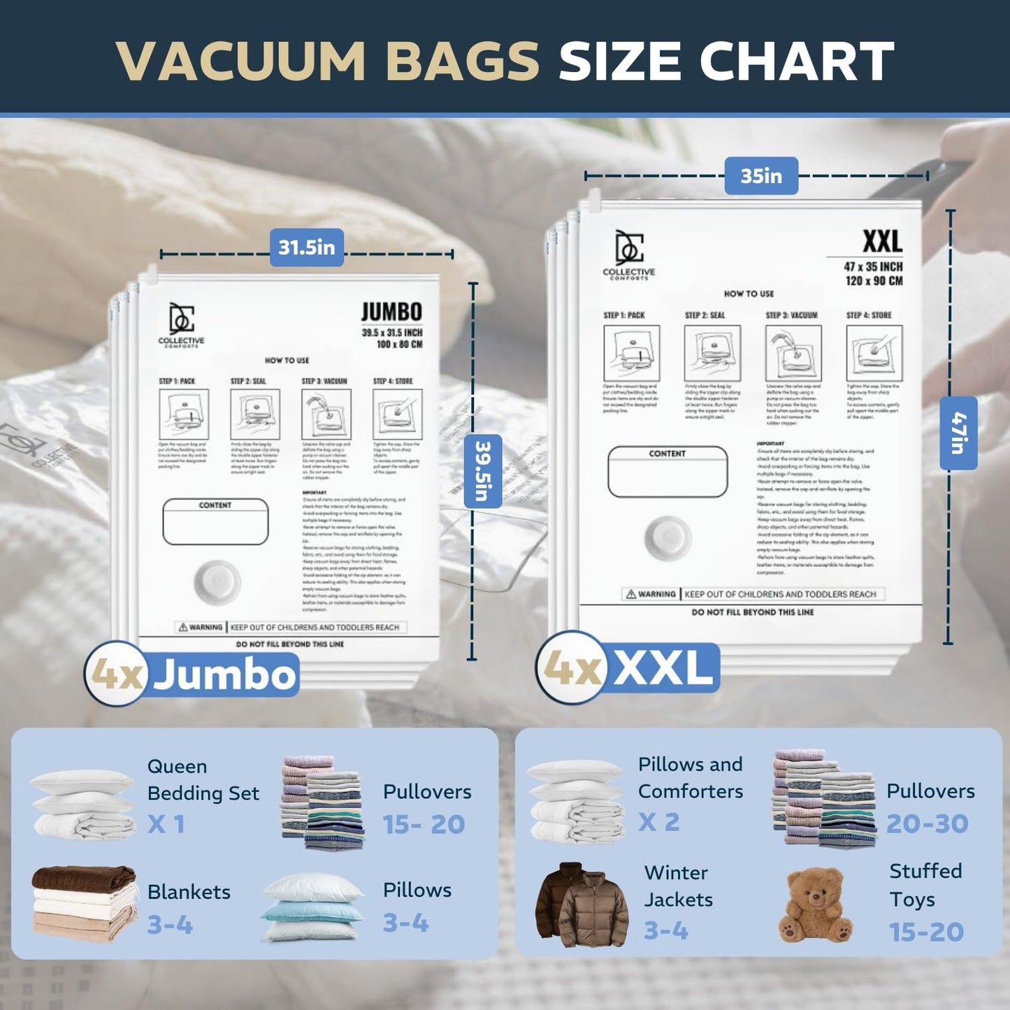 8 Pack Vacuum Storage Bags – 4 XXL & 4 Jumbo Vacuum Seal Bags for Blankets, Comforters, Clothing & Bedding - Space Saver Compression Bags