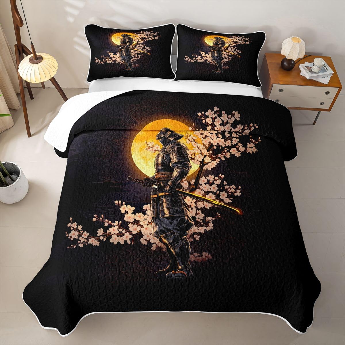 Erosebridal Japanese Samurai Quilts Twin Size - Sunset Cherry Blossoms Bedspread Coverlet Set, Japan Warrior Quilt Coverlets 2Pcs (Only 1 Pillowcase)