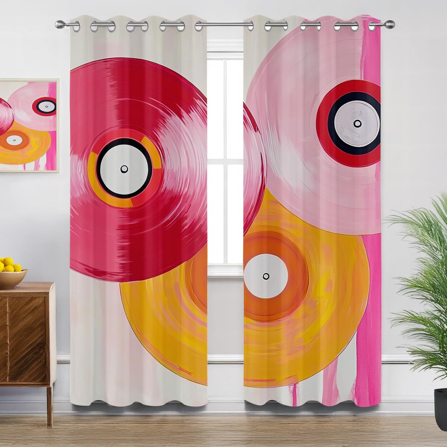 Vinyl Record Curtains Blackout, Retro Music Records Music Theme Patterned Curtains 54 Inch Length 2 Panels Set, Room Darkening Thermal Insulated Grommet Drapes for Bedroom Living Room