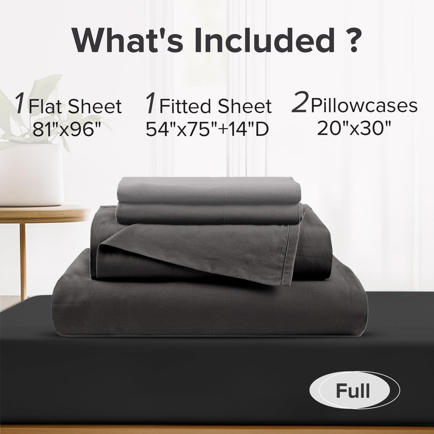 Comfort Spaces 100% Cotton Sheets Full, Breathable & Ultra Soft Cotton Sheets, Naturally Cool Cotton Bed Sheets with 14" Elastic Pocket Fits up to 16" Mattress, All Season Sheet Set, Black 4 Piece