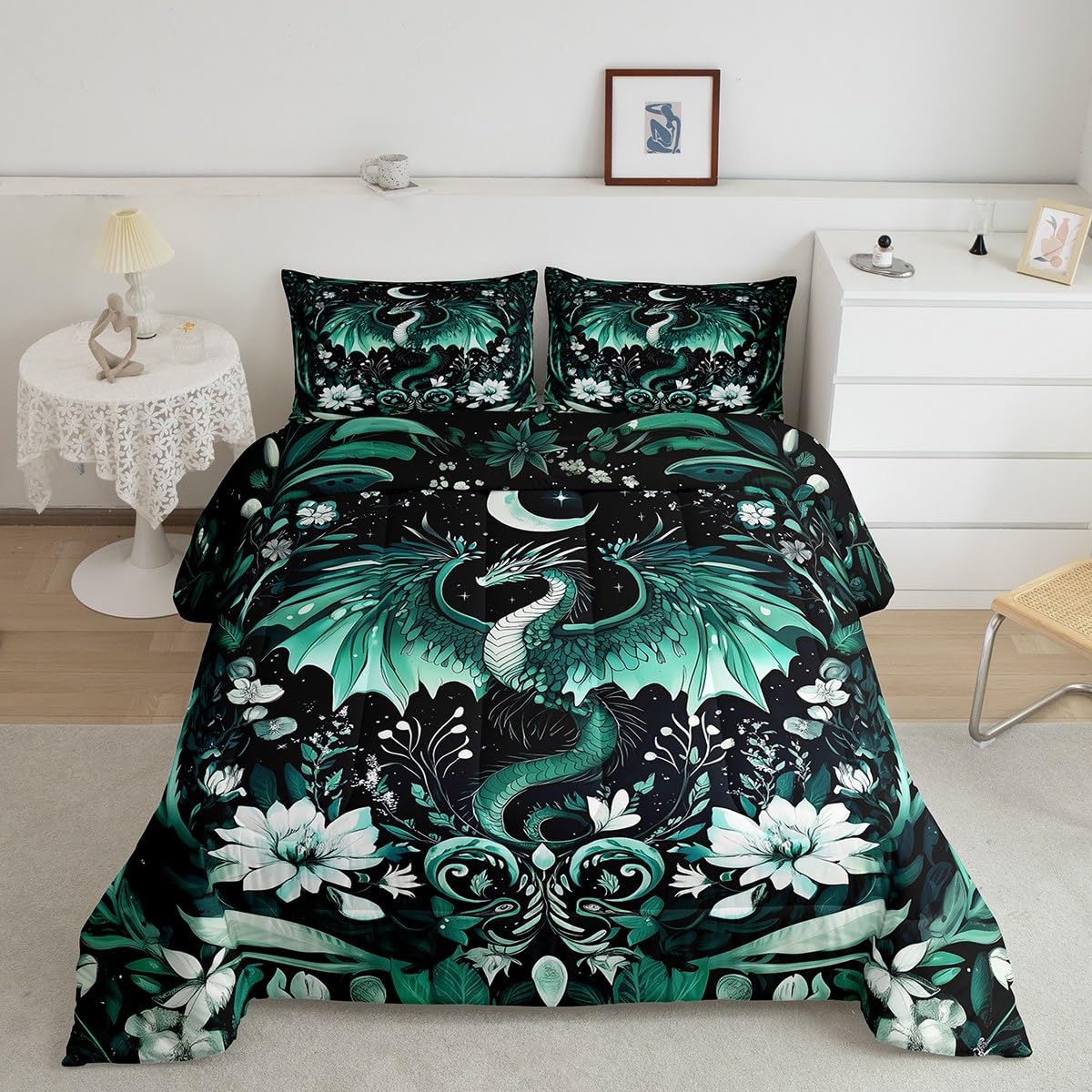 Feelyou Kids Dragon Comforter Set Full Size, Green Dragon Bedding Set Dragon Lovers Comforter for Kids Boys Girls Boho Duvet Insert Room Decor 3Pcs