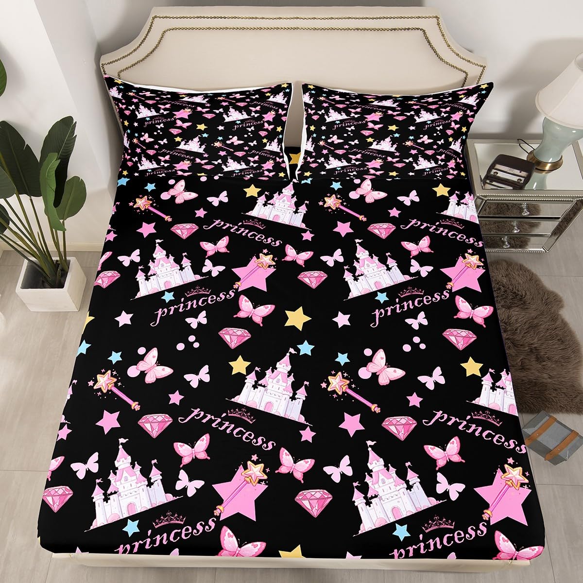Feelyou Girls Princess Fitted Sheet with 1 Pillowcase Twin Size Cartoon Castle Bed Sheets Set 16" Deep Pocket Boys Girls Pink Butterfly Bedding Magic Teens Bedroom Decor