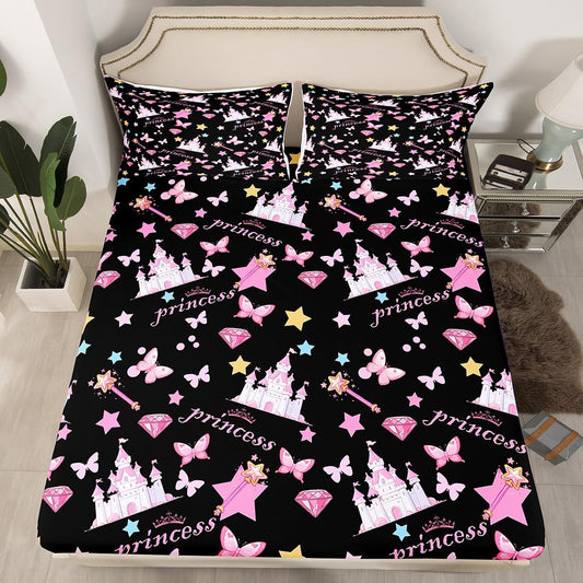 Feelyou Girls Princess Fitted Sheet with 1 Pillowcase Twin Size Cartoon Castle Bed Sheets Set 16" Deep Pocket Boys Girls Pink Butterfly Bedding Magic Teens Bedroom Decor