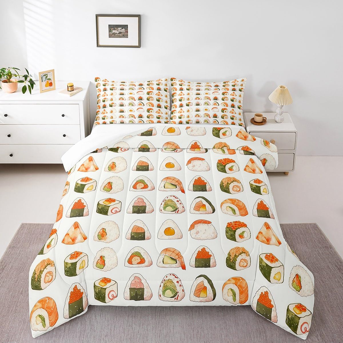 Erosebridal Cute Sushi Bedding Set Queen Size,Japanese Food Comforter Set Sushi Gifts for Kids Teens Men Women,Funny Food Quilt Bed Set Anime Style Bed Comforter Sets with 2 Pillowcases Room Decor