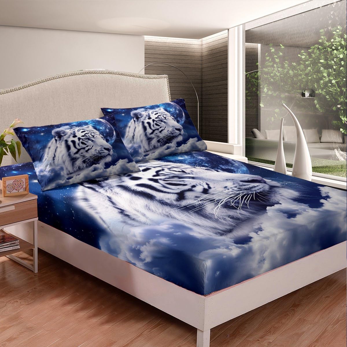 Galaxy White Tiger Bed Sheets King,Wild Animal Print Bed Sheet Set Boho Nebulas Stars and Moon Wildlife Bedding Set Outer Space Bed Cover Sky Starry Fitted Sheet + Blue Flat Sheet + 1 Pillow Case