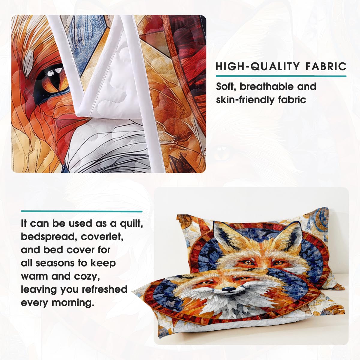 Jeminise Fox Patchwork Pattern Quilt Set, Animal Quilt Set Patchwork Style, Premium Quilt Pattern Bedspread for Mom Daughter, Fox Bedding Quilt (Full/Throw/Queen/King/Twin Size)