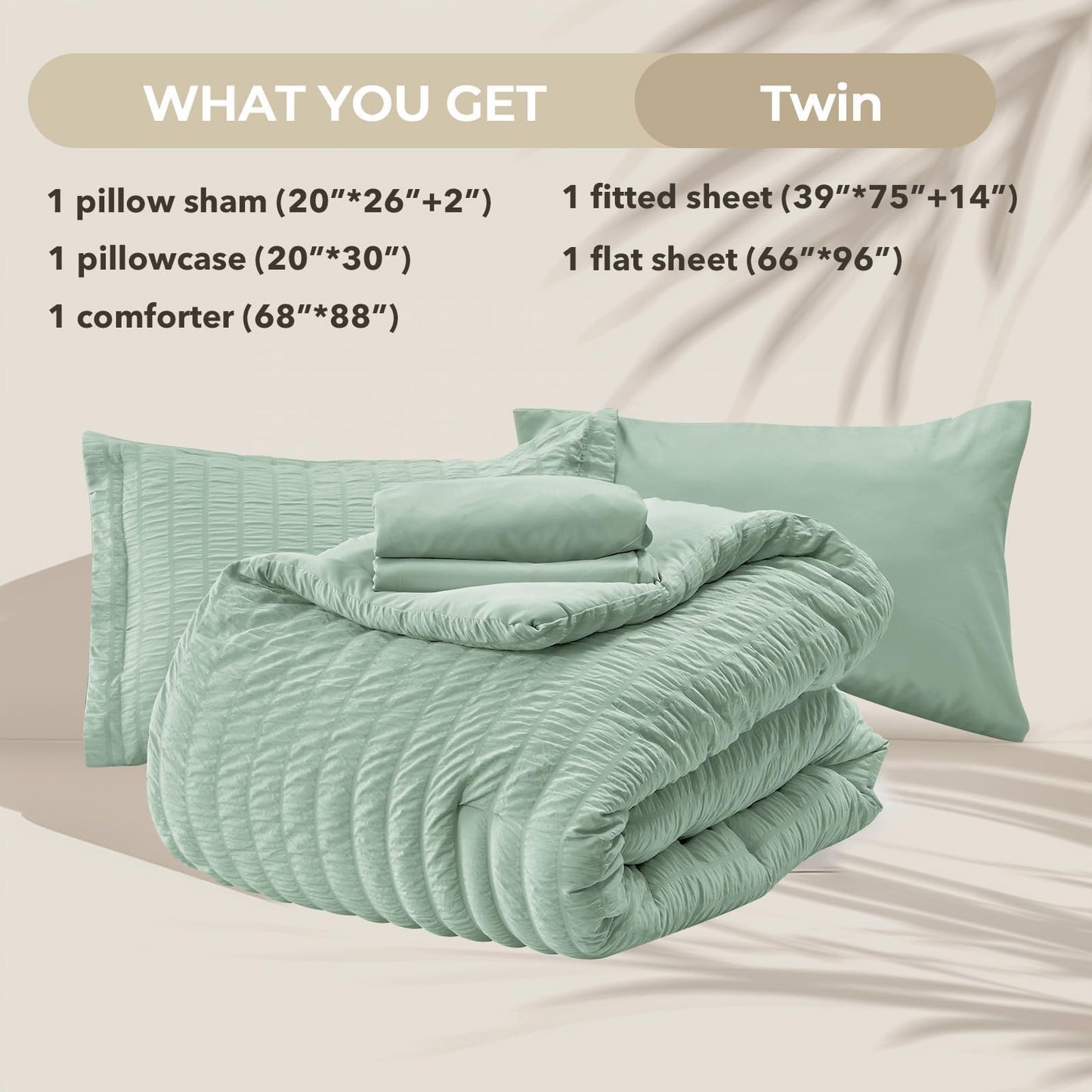 HYMOKEGE Sage Green Twin Comforter Set Seersucker 5 Pieces, All Season Luxury Bed in a Bag for Bedroom, Bedding Set with Comforters, Sheets, Pillowcase & Sham