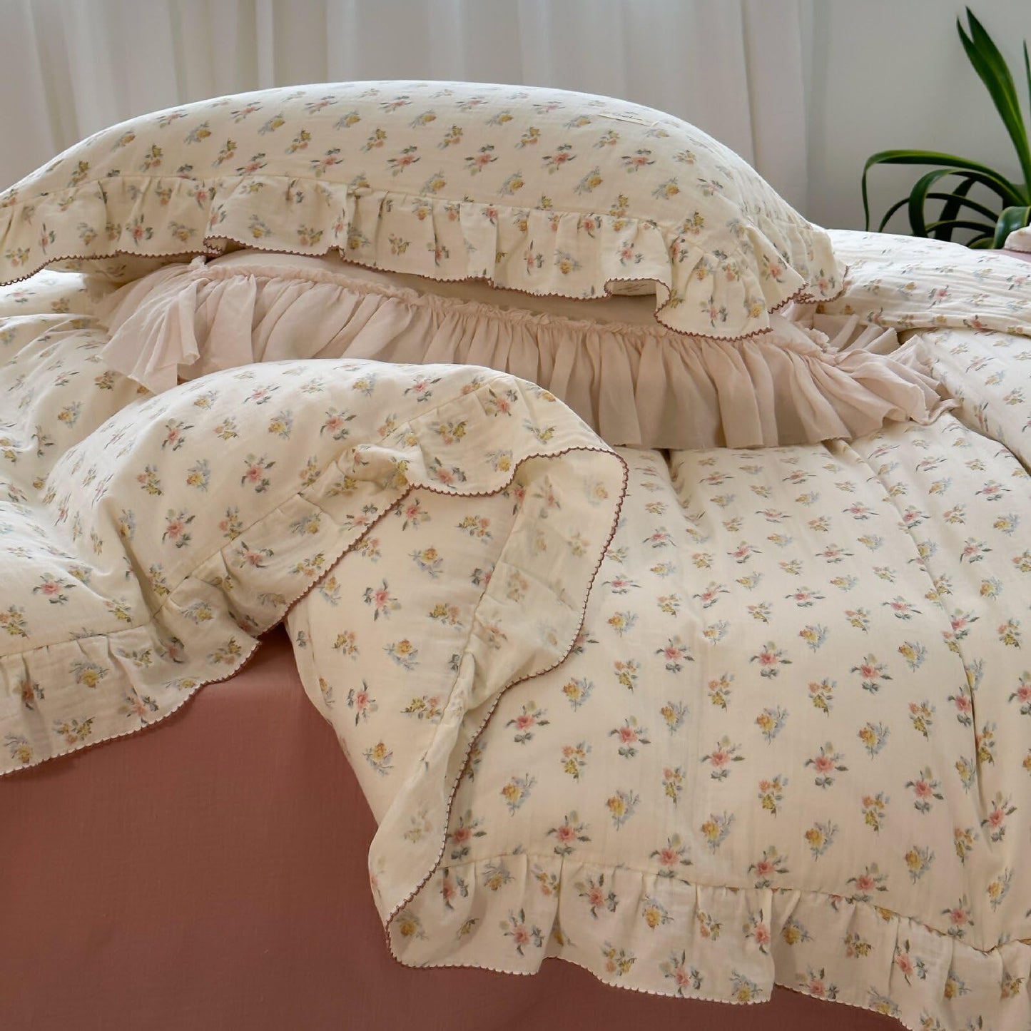 BuLuTu Muslin Cotton Duvet Cover Set Queen, Ruffled Bedding Quilt Cover Shabby Chic Azalea Floral Comforter Cover, Soft Lightweight Bed Set for Kids Teens Young Adults, Machine Wash