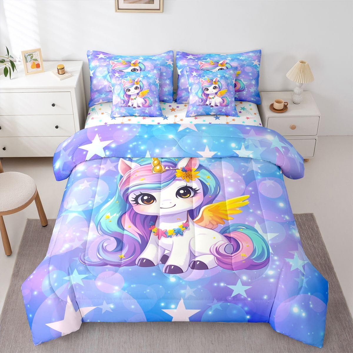 Feelyou Girls Cute Unicorn Comforter Set with Sheets 7 Piece Twin Size Glitter Bed in a Bag Kids Boys Girls Princess Decor Bedding Set Cute Animal Bedroom Decor Breathable Soft Lightweight Microfiber