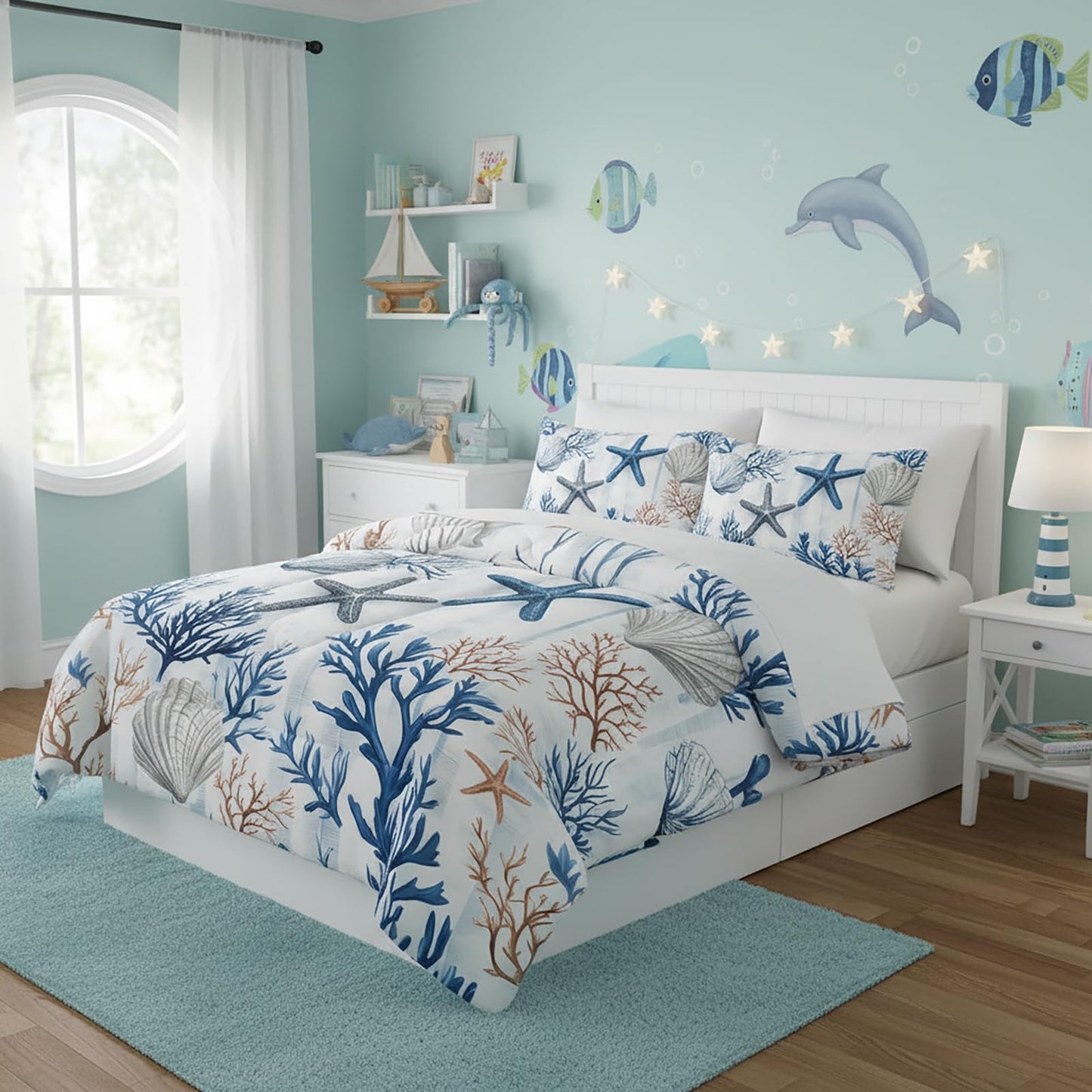QOOMO Coastal 7 Pieces Comforter Set Queen Size,Coral Starfish Bedding Set for Kids Teens Girls-Include 1 Comforter,1 Fitted Sheet,1 Flat Sheet,2 Printing Pillowcases and 2 Black Pillowcases