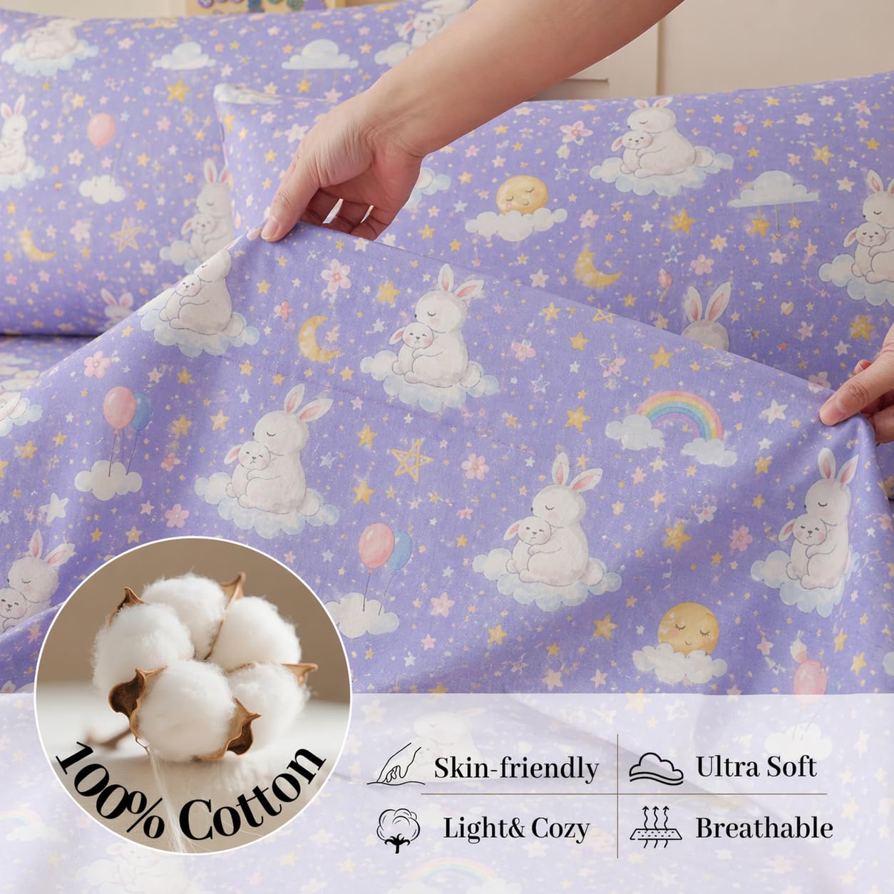 YIYEA 100% Cotton Kids Sheets, Ultra Soft Cozy Cute Bed Sheets Set for Girls, Boys, Teens, 16" Deep Pocket, 3PC, Twin