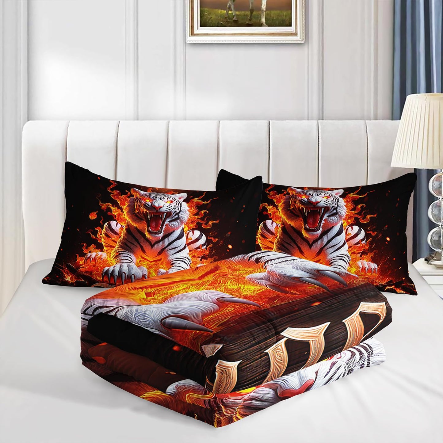 UEVBF Fierce White Tiger Comforter Set Queen Size,Wild Animal Themed Bedding Sets for Kids Adults Boys Room Decor,Tigers with Flame Bed in a Bag Queen with 2 Pillowcases.