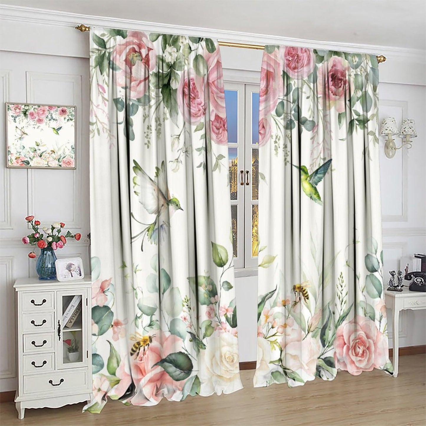PHTAYOT Pink Burgundy Rose Curtains, Rose Floral Green Leaves Plant Spring Blossom Bird for Room Window Decor, Rod Pocket Print Drapes for Living Room Bedroom Kitchen 2 Panel Set 20.5" W X 45" L