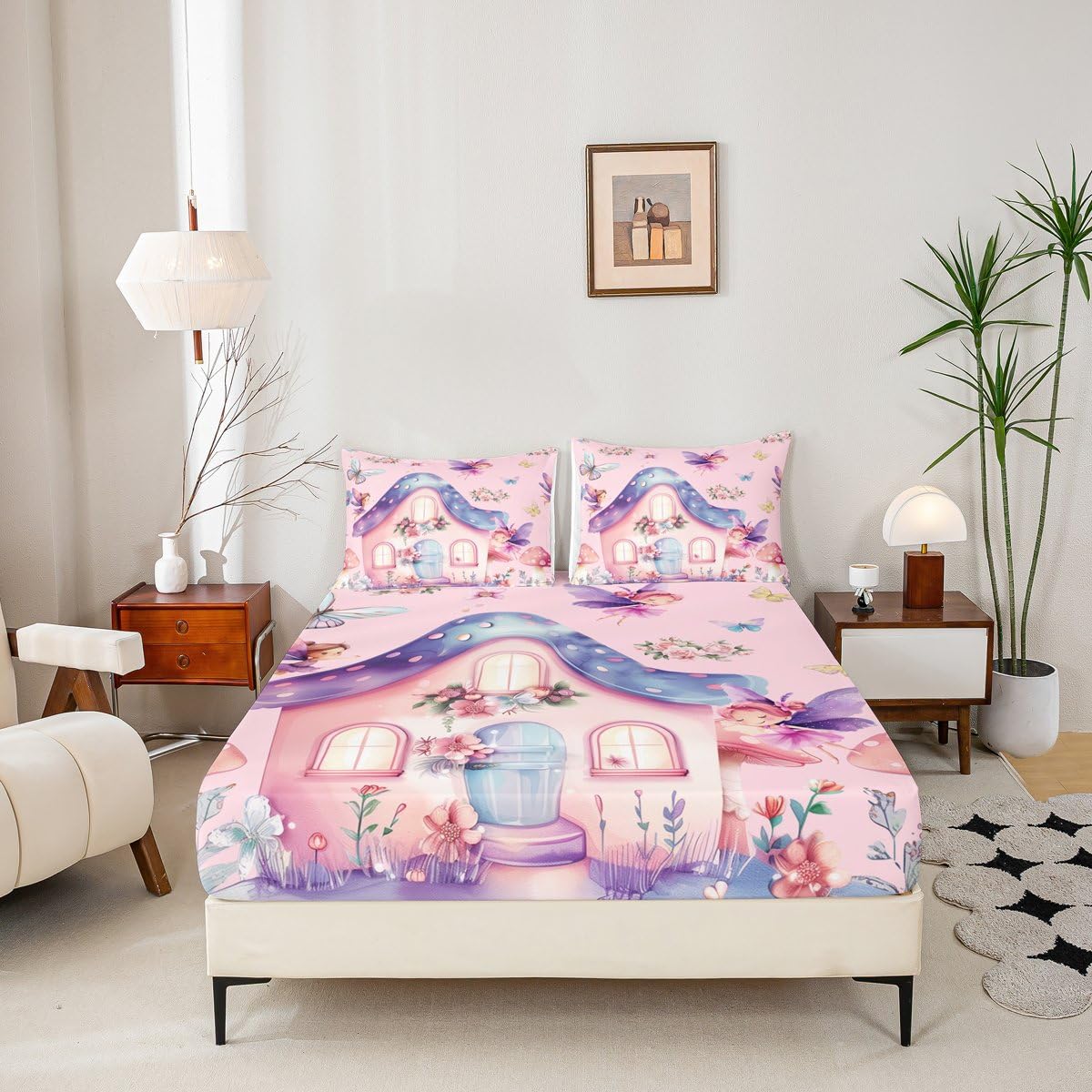 Erosebridal Fairy Garden Twin Fitted Sheet - Pink Fairy Butterfly Bedding Set for Girls Kids, Cute Pink Floral Bed Sheets, Kawaii Mushroom Flower Bed Set 2 Piece Room Decor (No Flat Sheet)