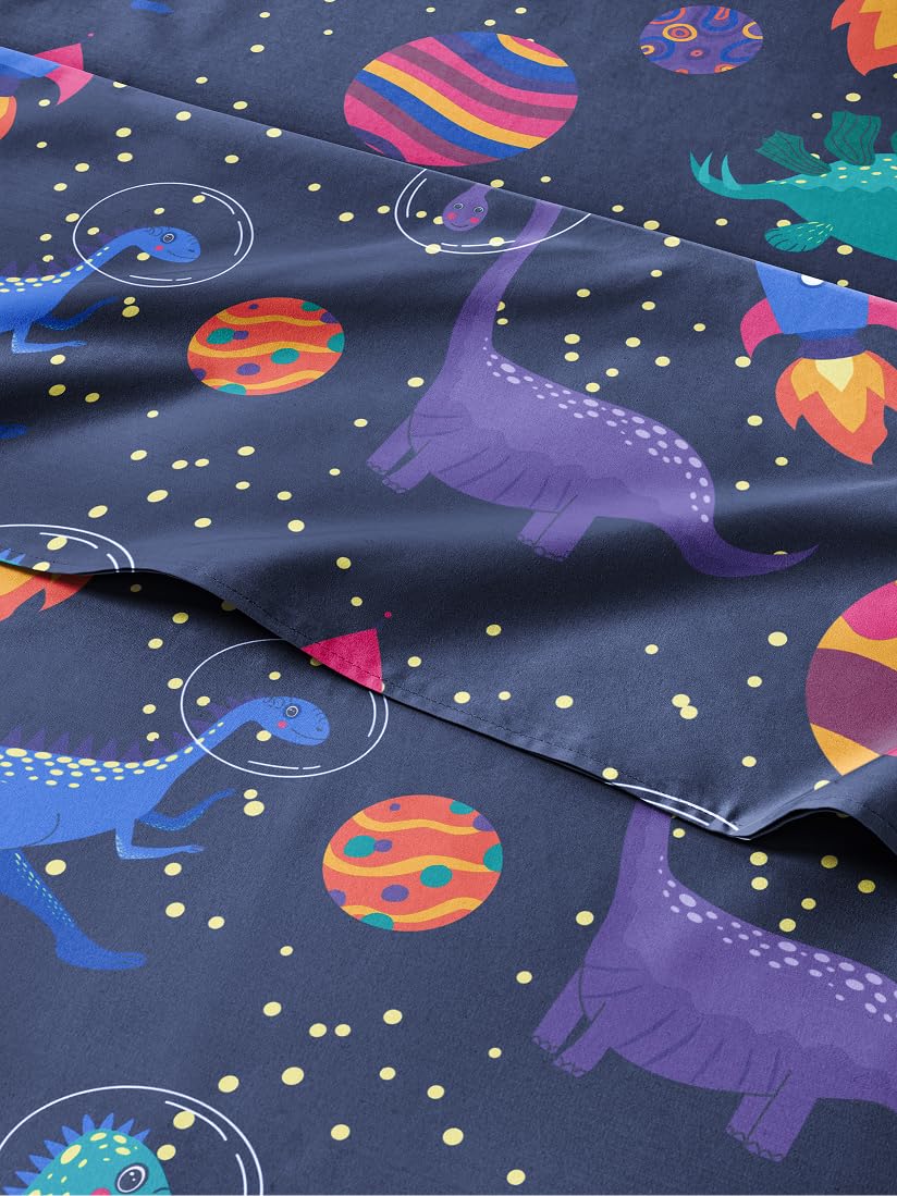 Kids Twin Size Bed Sheet Set - 3 Piece Kids Loft Bed Sheets - Space Dinosaur Themed Bedding - Soft, Cute - Breathable and Machine Washable - Colorful Dino Bed Set for Boys, Girls, Teens and Toddlers