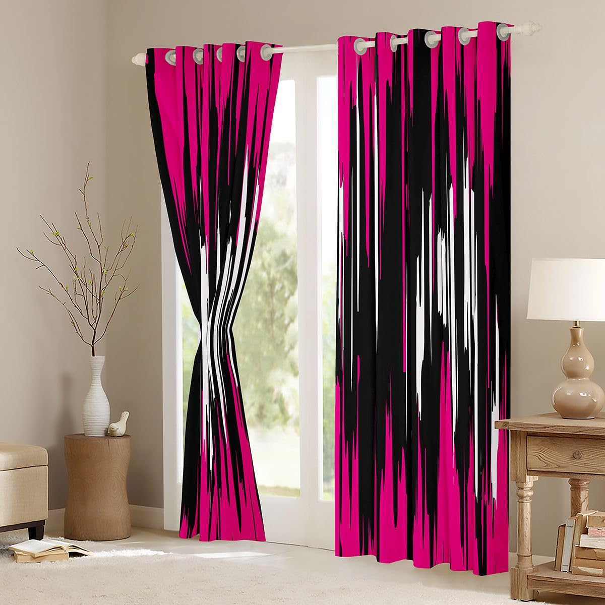 Ombre Hot Pink Black Curtains for Bedroom Living Room Girls Kids (2 Panels, 42 x 63 Inch) Stripes Blackout Curtainsative Geometric Darkening Dreapes Modern Striped Art Window Treatments Abstract
