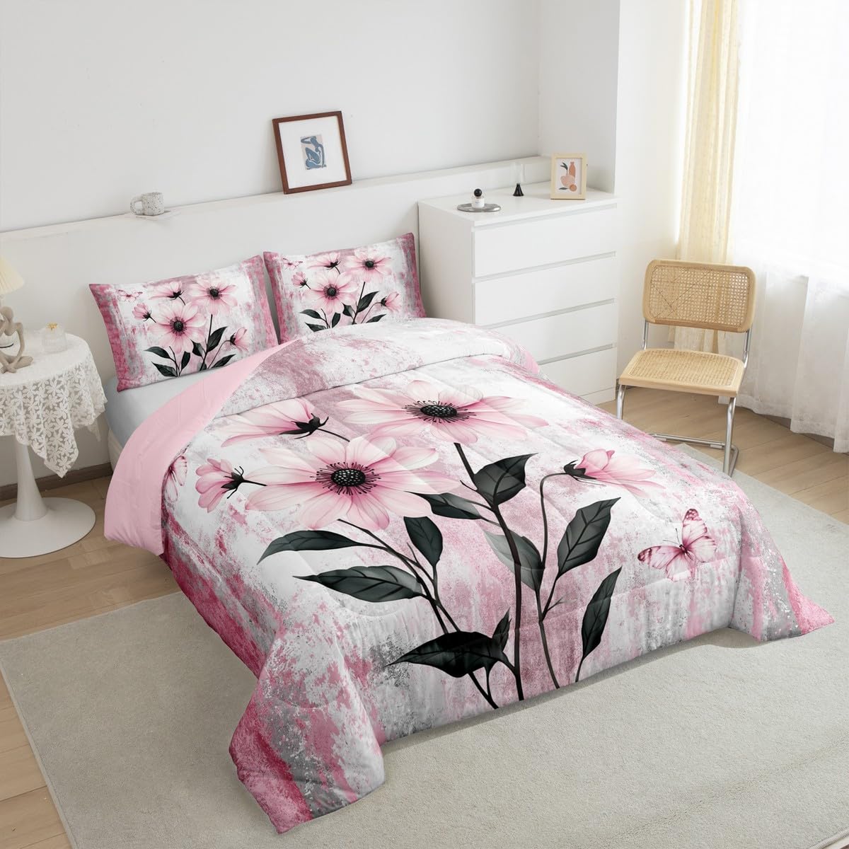 Erosebridal Watercolor Daisy Flowers Queen Comforter Set Abstract Oil Painting Bedding Set Rustic Farmhouse Bed Set Ombre Pink White Quilt Set