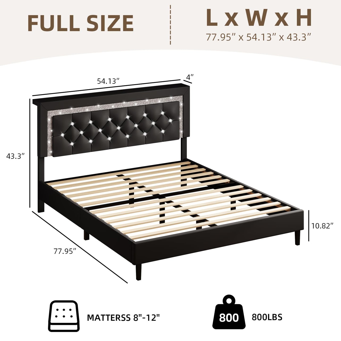 BarnFurin Full Size Bed Frame with Storage Headboard, Full Size Bed Frame with Headboard Diamond Tufted and LED Lights, Wooden Slats Support, Noise Free, No Box Spring Needed, Easy Assembly, Black