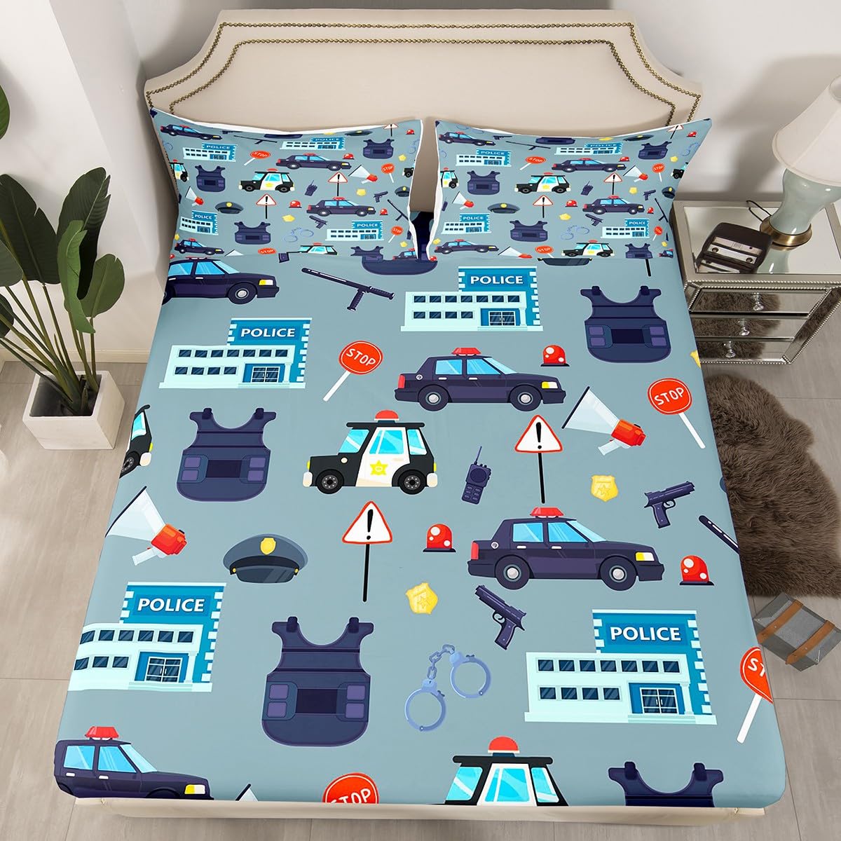 Manfei Cartoon Police Cars Kid Fitted Sheet Twin Size,American Police Office Policeman Bedding Set,Girls Boys Men Room Decor,Western Theme Bed Cover,Blue Fashion Bed Sheet,1 Pillowcase,No Top Sheet