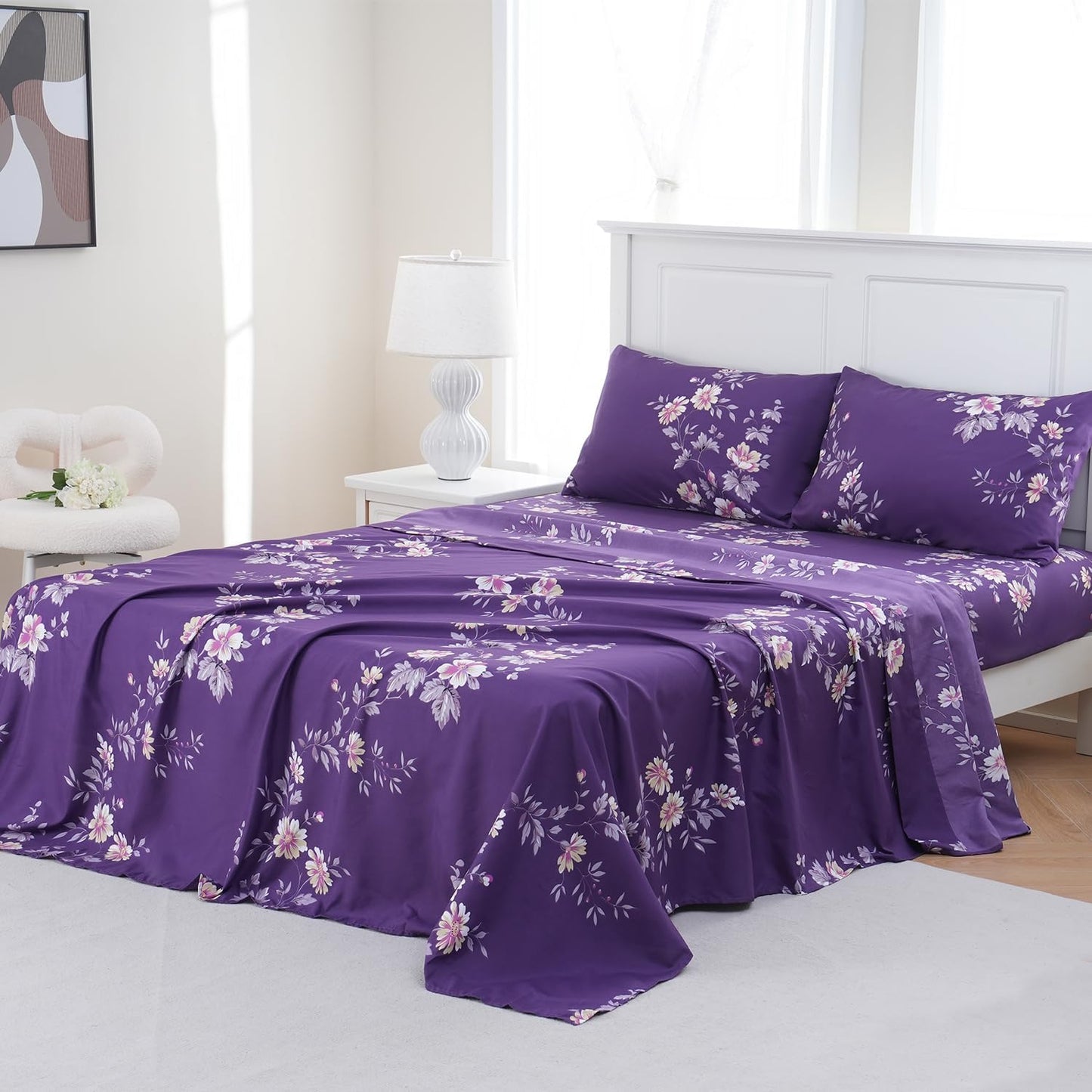 MEISHANG Queen Sheet Set - Ultra Soft Floral Sheets 100% Microfiber,1800 Thread Count Floral Bed Sheets Oeko-Tex Certificated - 4 Pieces - Purple Flower
