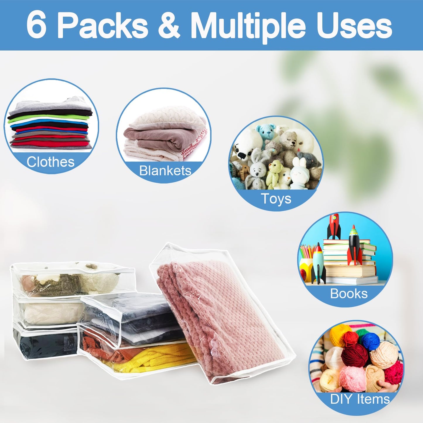 Esme L&H 6Pcs Sweater Storage Bags for Clothes, Clear Storage Bags with Zipper for Sweater Blanket Bed Sheet, Zippered Clothing for Blanket,Bedsheet,Linen,Bedding,16 * 12 * 4 Inch