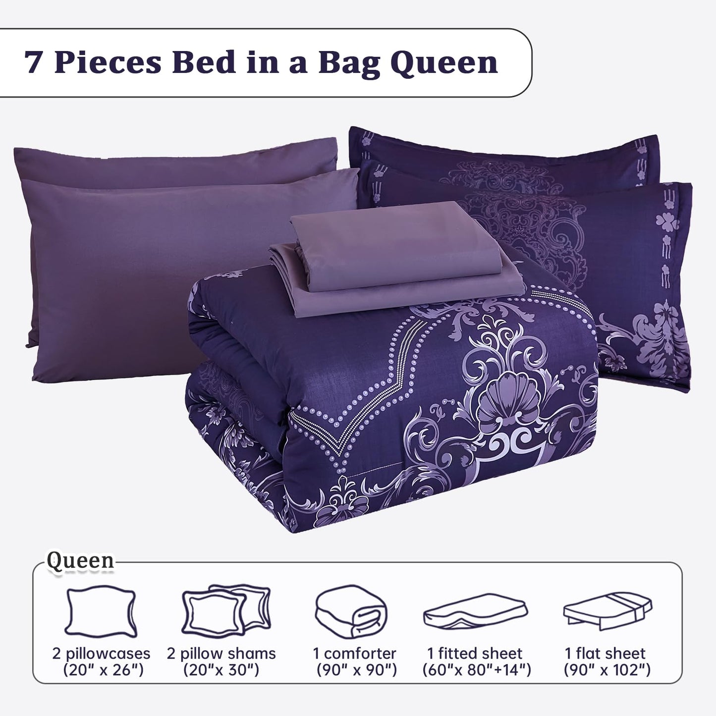 Mybedsoul Dark Purple Queen Comforter Set, 7 Pieces Boho Bed in a Bag for Queen Bed, Damask Comforter with Sheets Pillowcases, Soft Microfiber Lightweight Bedding Sets for All Season(90"x90")