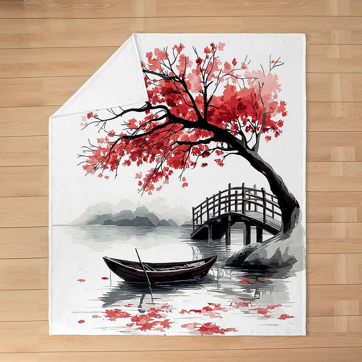 Erosebridal Red Cherry Blossoms Printed Blanket for Girls,Japanese Style Throw Blanket 40x50 Inch,Japan Fleece Blanket Soft,Ink Painting Fuzzy Blanket for Bedroom
